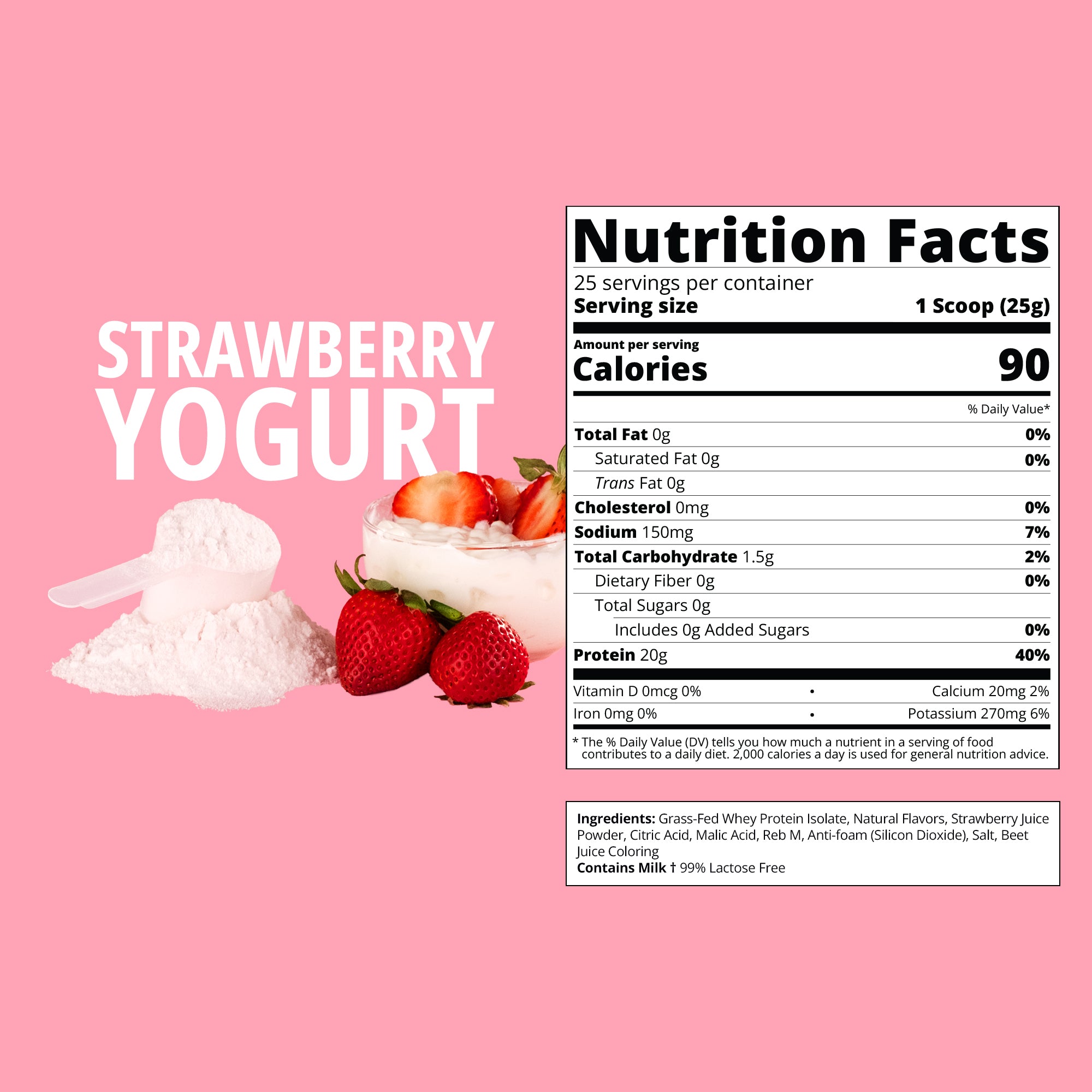 Nutrition facts label for Boba Tea Protein's strawberry yogurt clear whey protein with pink background