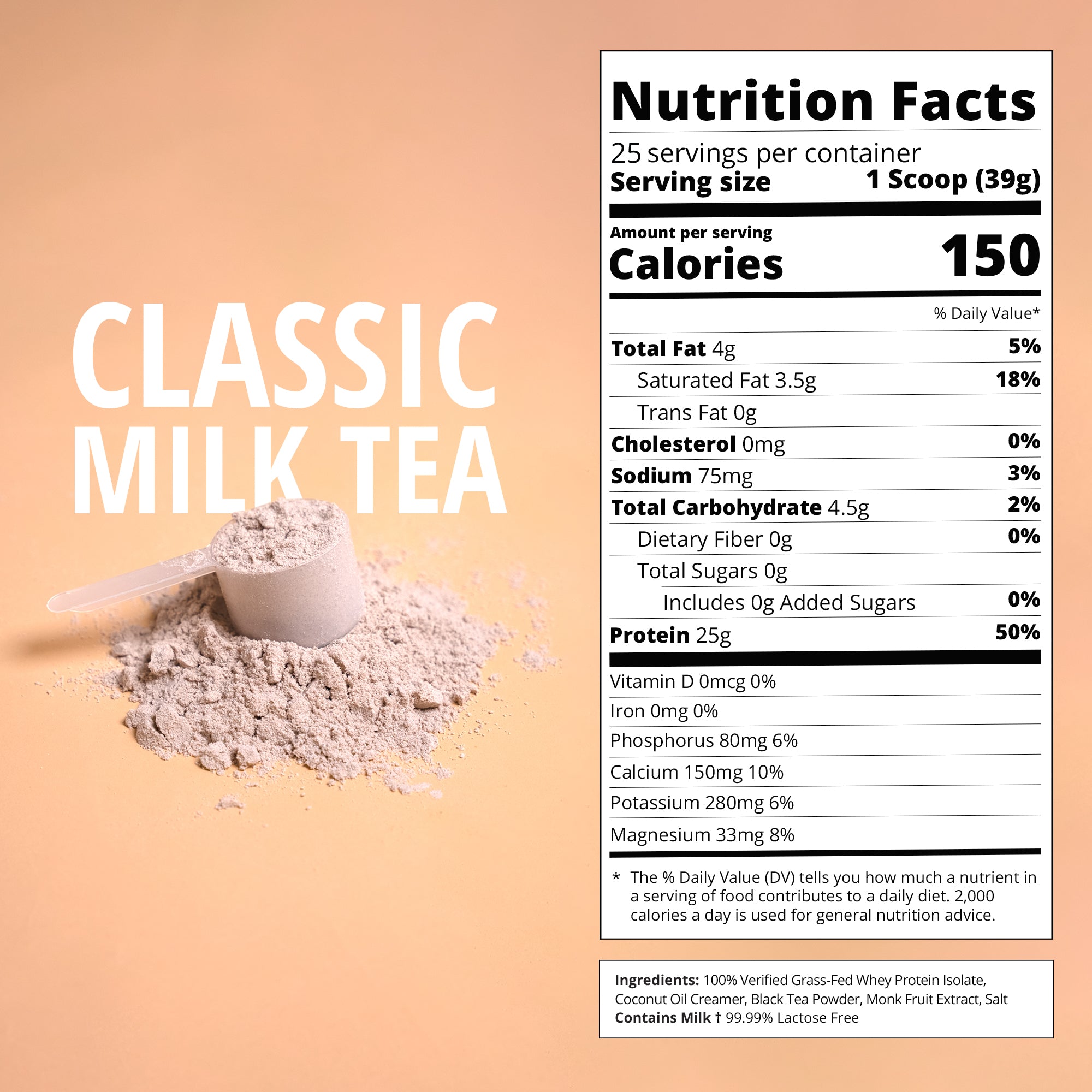 Nutrition facts label for classic milk tea powder on a beige background