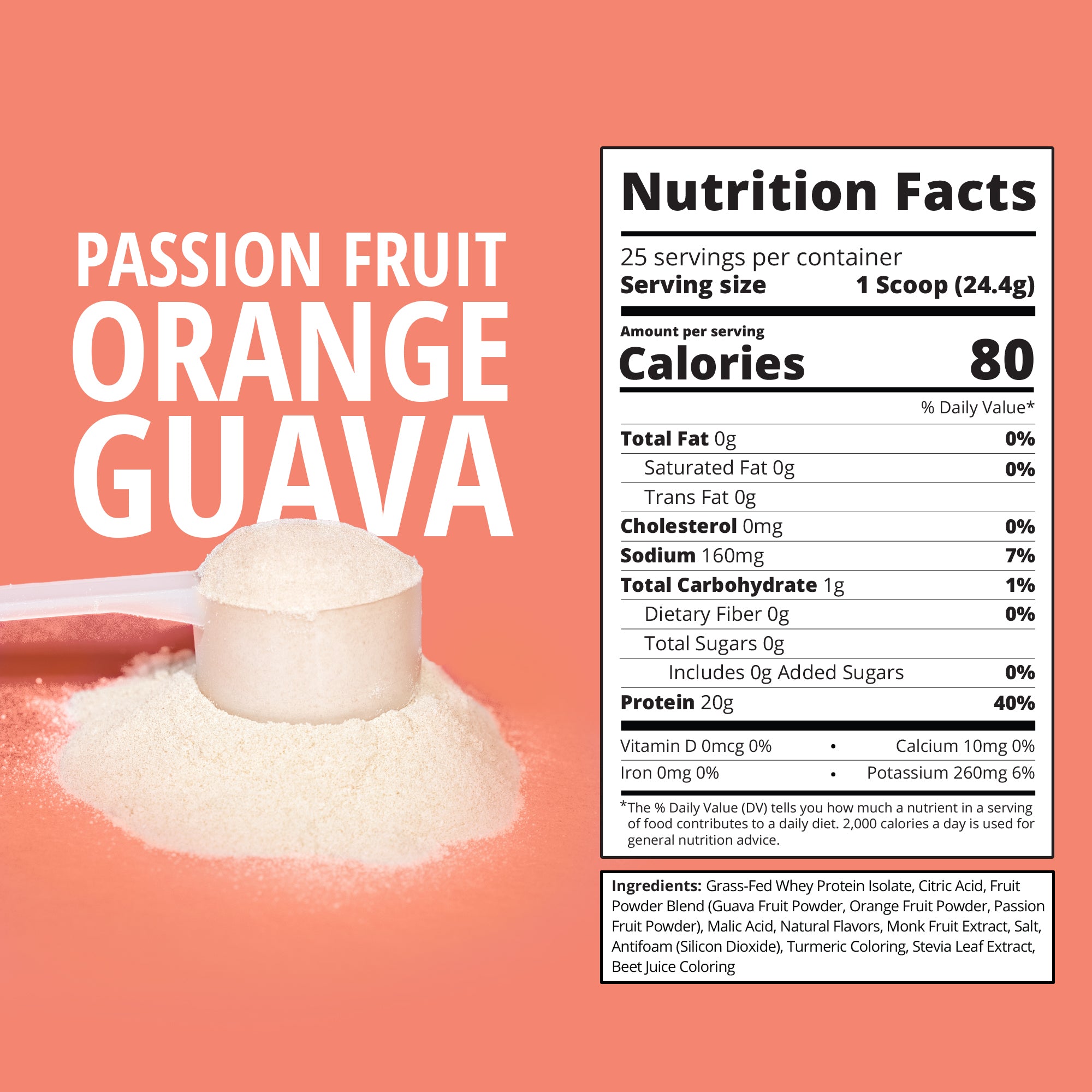 Nutrition facts label for a protein powder scoop with 'Passion Fruit Orange Guava' flavor on a pink background.