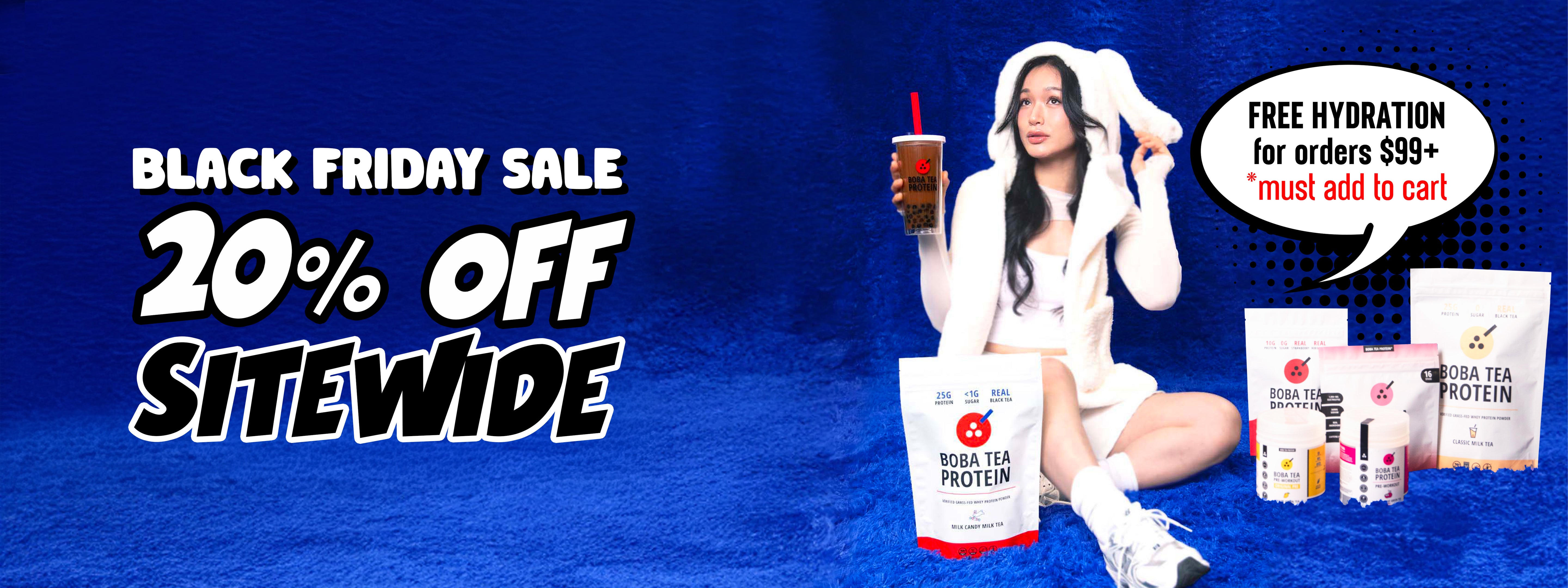 Promotional banner for a Black Friday sale with a person holding a protein shake and products on a blue background.