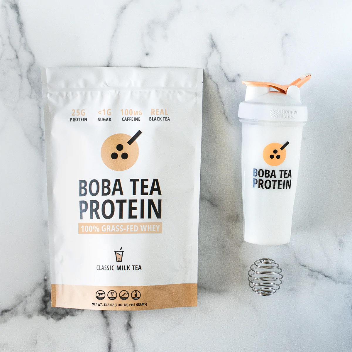 Boba Tea Protein whey protein and shaker bottle on a marble background