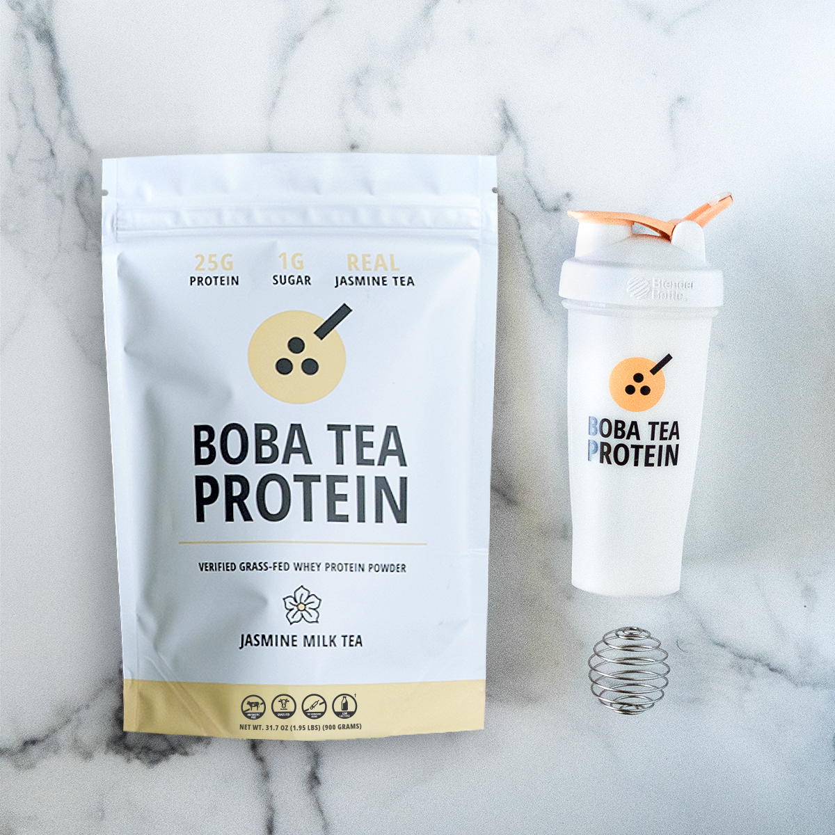 Boba Tea Protein whey protein and shaker bottle on a marble background