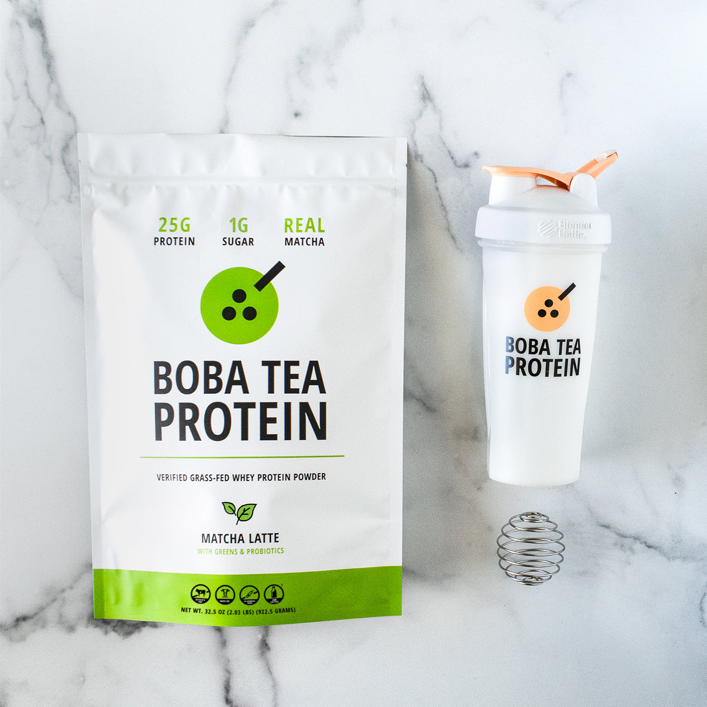 Boba Tea Protein whey protein and shaker bottle on a marble background