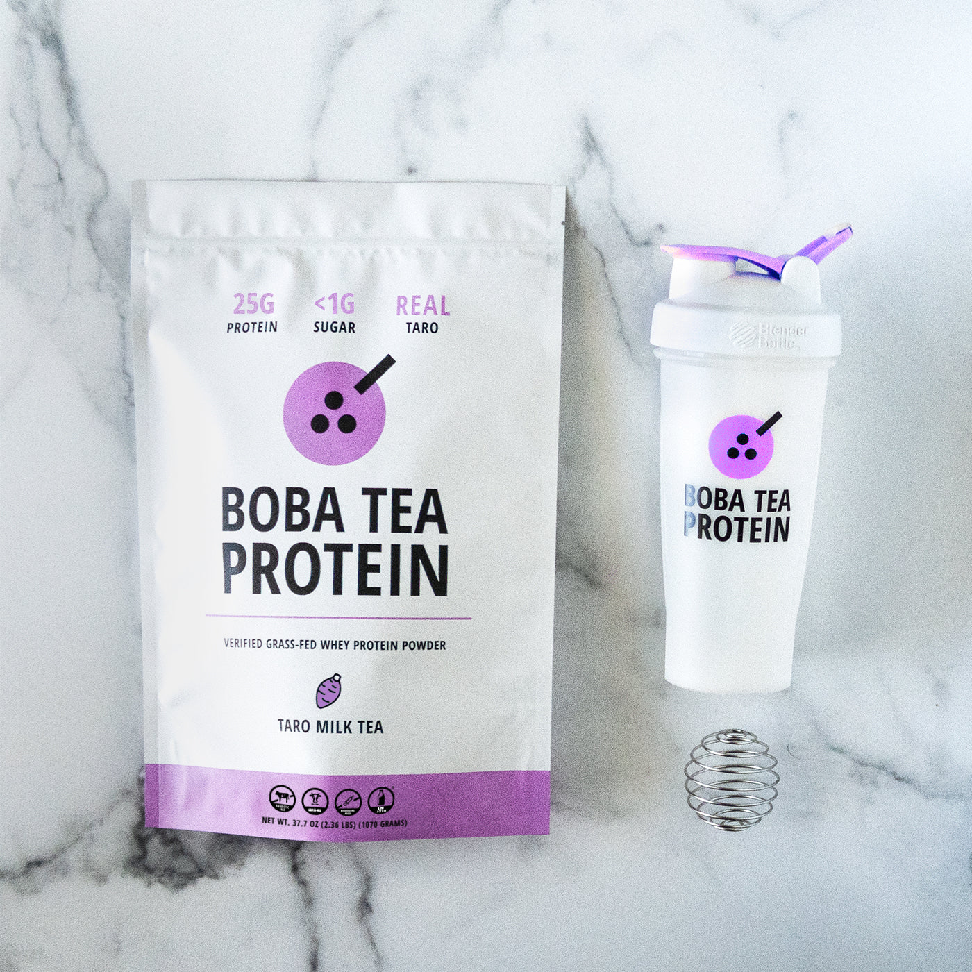 Boba Tea Protein whey protein and shaker bottle on a marble background