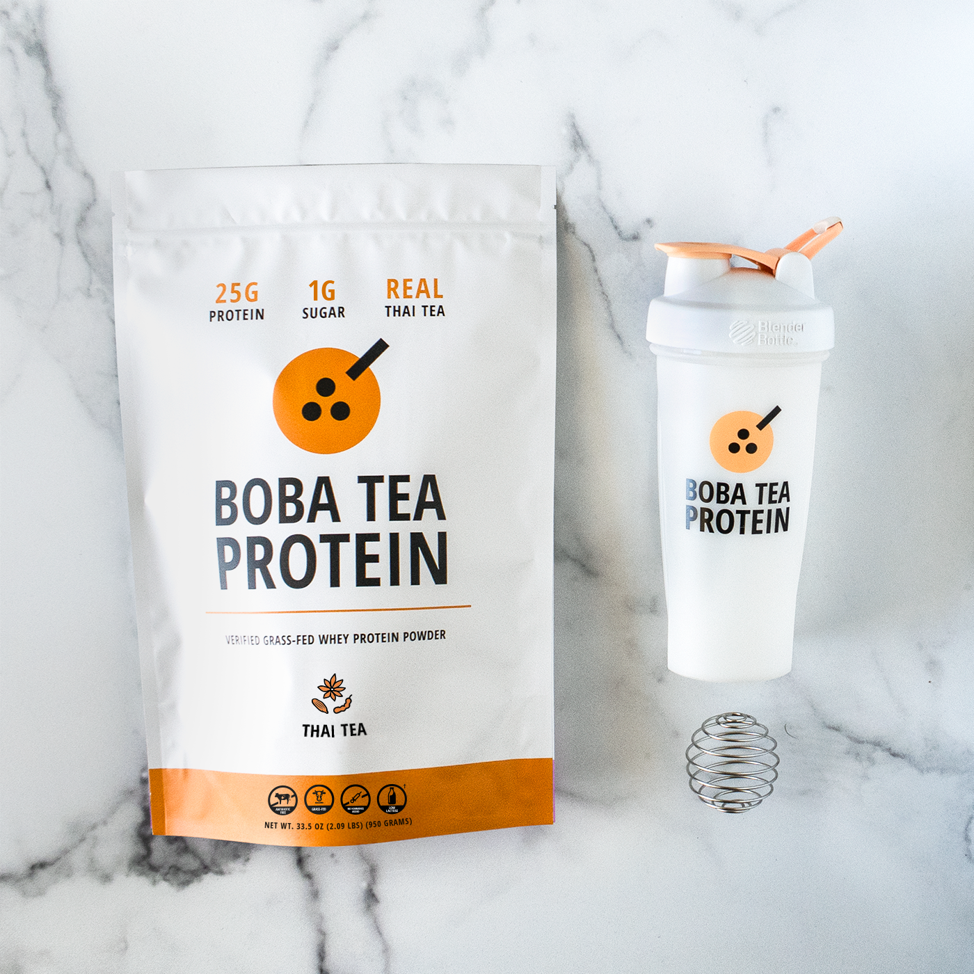 Boba Tea Protein whey protein and shaker bottle on a marble background