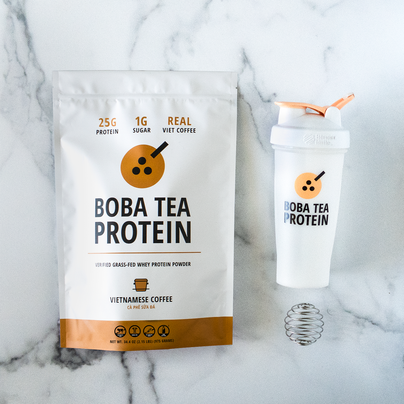 Boba Tea Protein whey protein and shaker bottle on a marble background