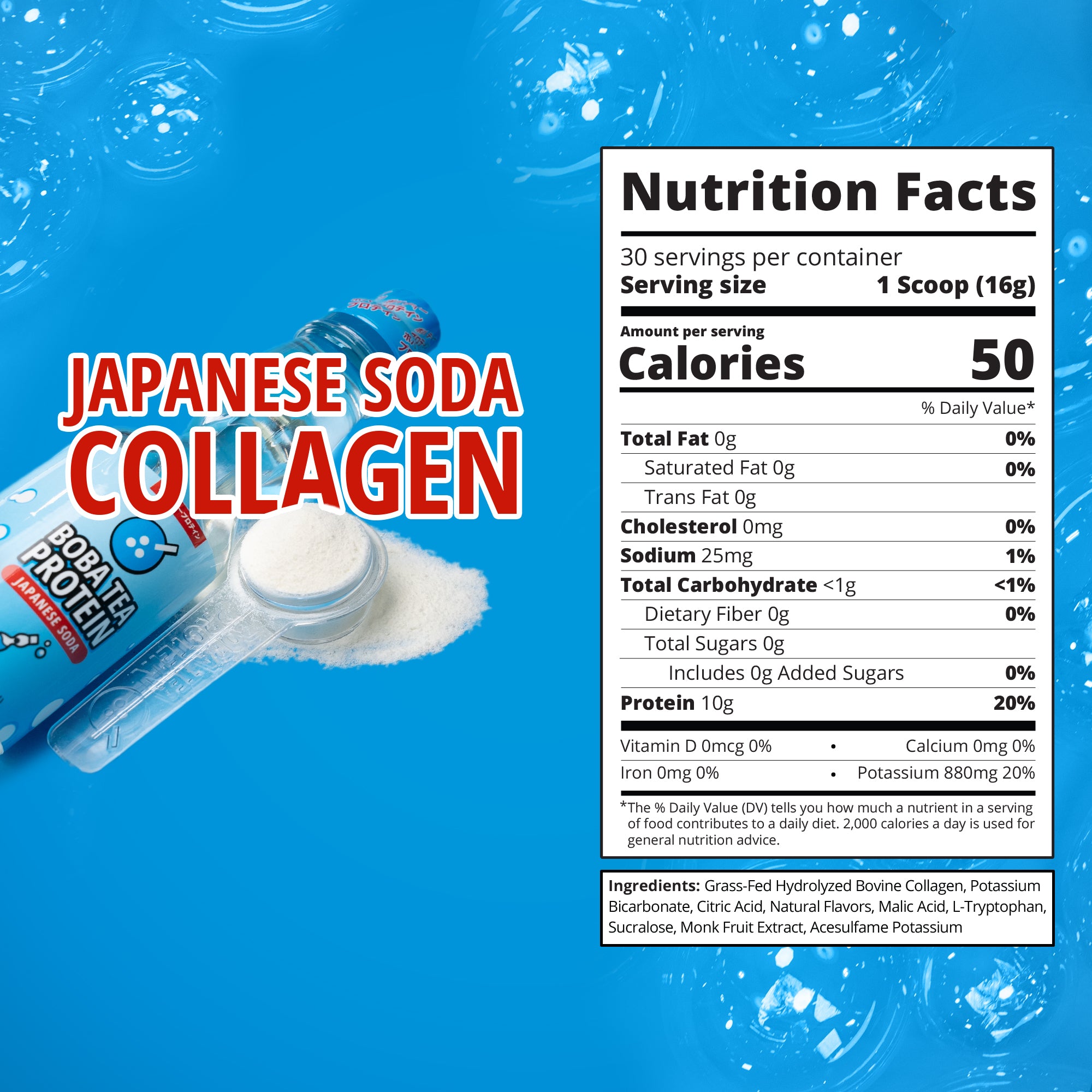 The image shows a nutrition facts panel for Boba Tea Protein's Japanese Soda Collagen Protein on a blue background with a scoop of white collagen powder on display. One serving contains 50 calories, 0g of fat, <1g of carbs, 0g of sugar, and 10g of protein.