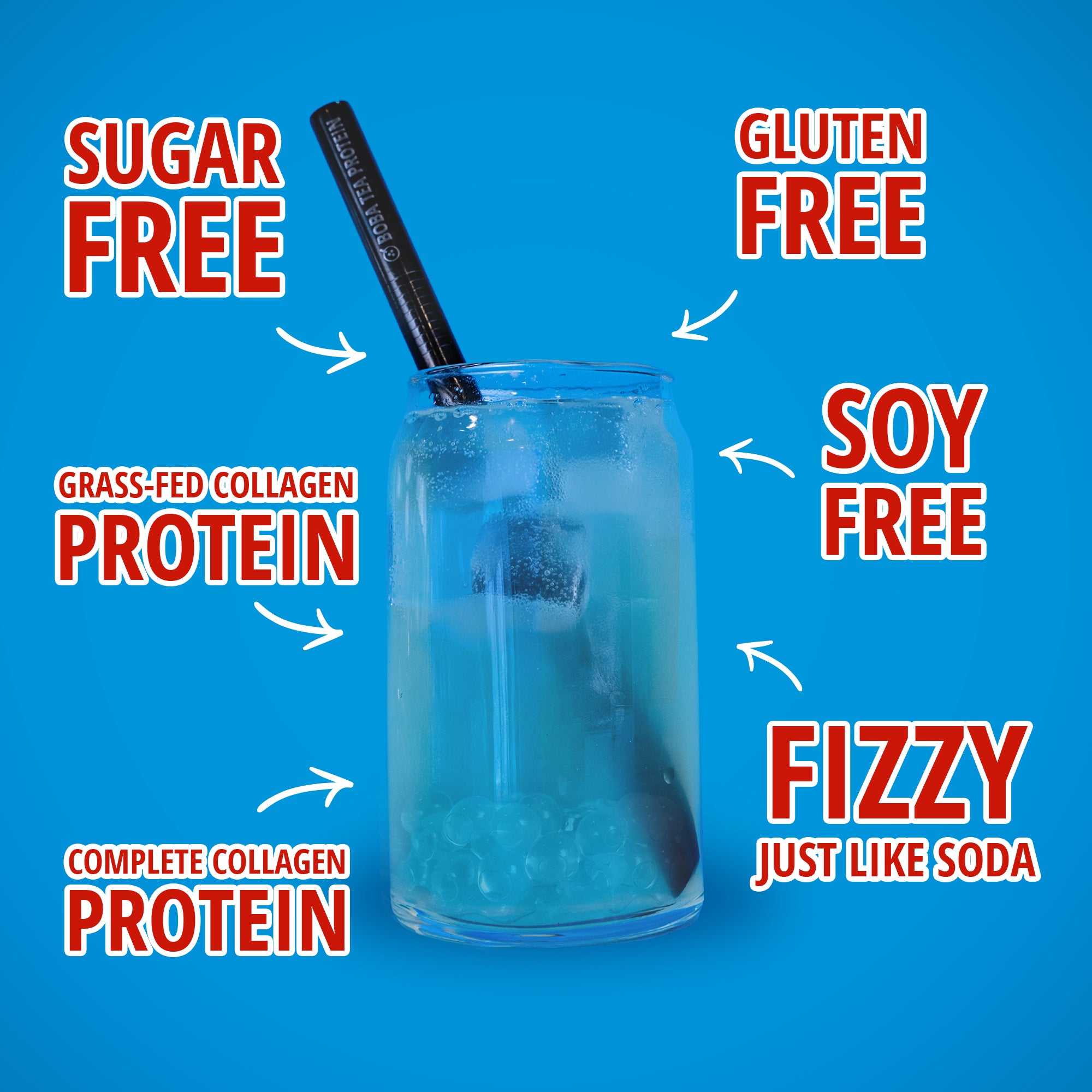A prepared glass of "Boba Tea Protein Collagen Protein" in Japanese soda flavor is displayed, with ice, a black straw, and clear lychee popping pearls, set against a vibrant blue background. Features of the drink are displayed via red text: "Sugar Free", "Gluten Free", "Soy Free", "Grass-Fed Collagen Protein", "Complete Collagen Protein", and "Fizzy Just Like Soda".