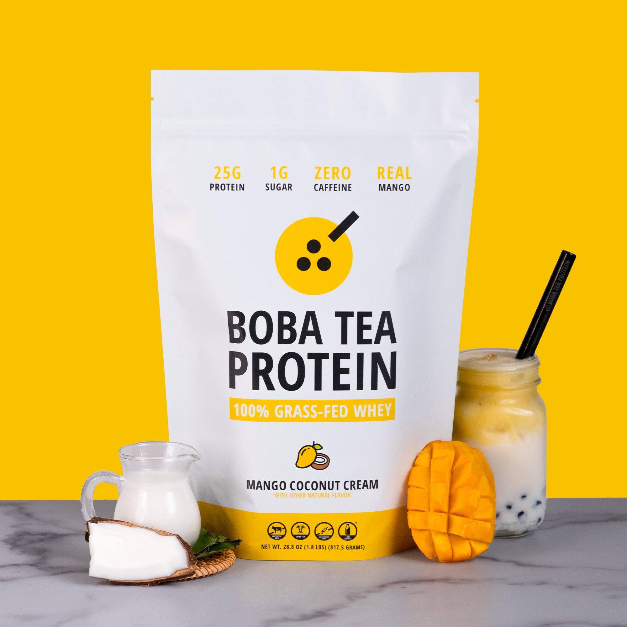 Boba tea protein package with a mango coconut cream flavor on a yellow background