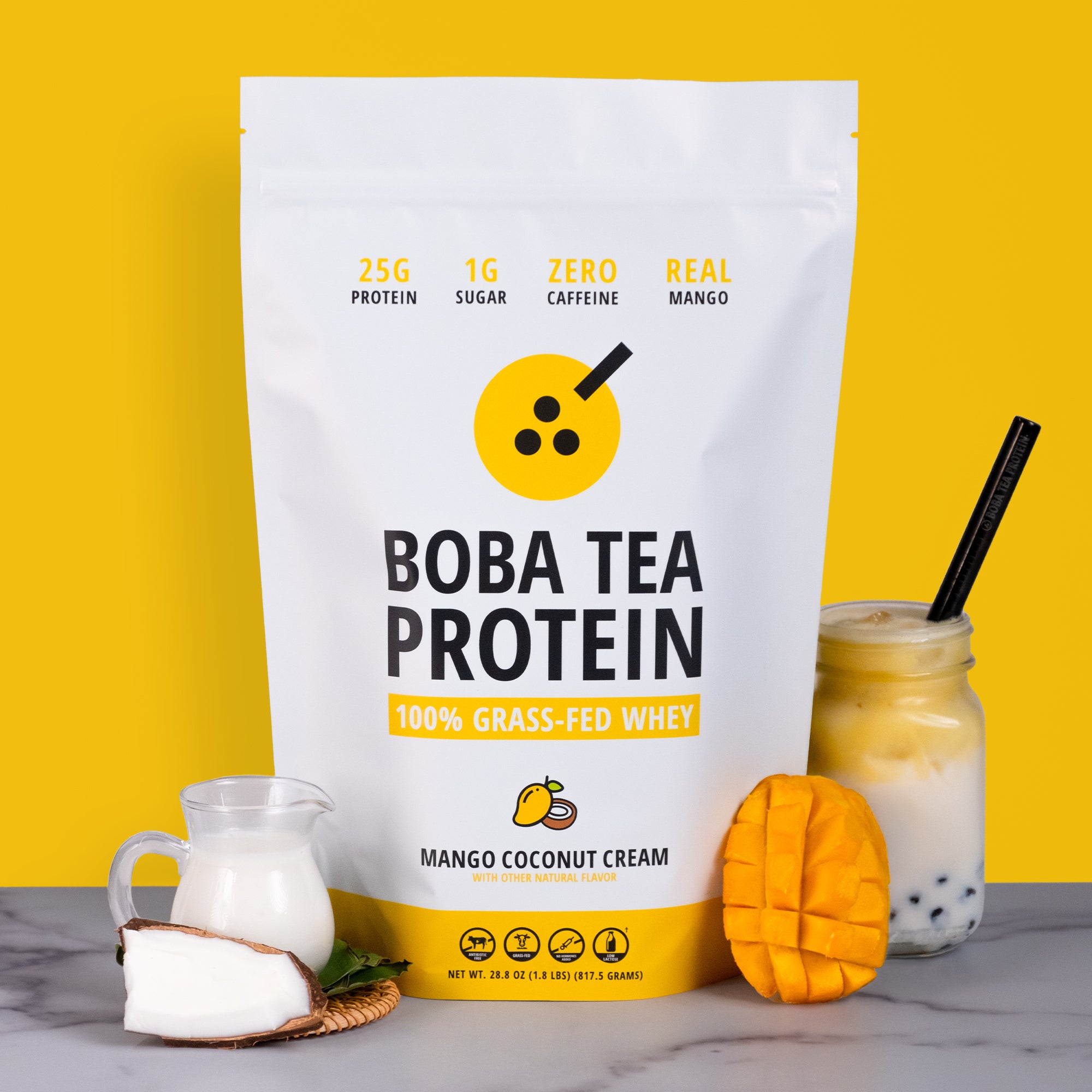 Boba tea protein package with a mango coconut cream flavor on a yellow background