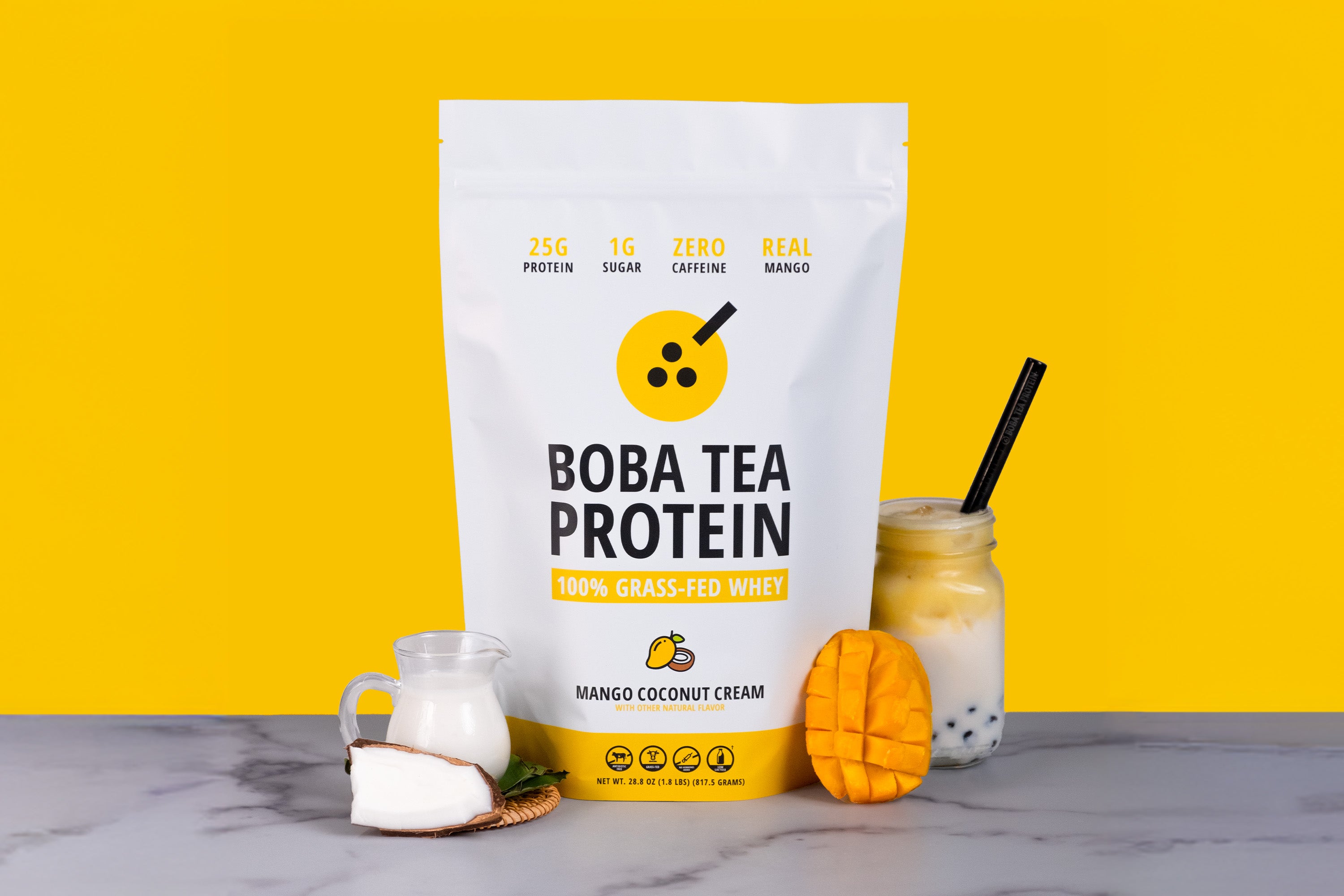 Boba Tea Protein package with a mango coconut cream flavor on a yellow background