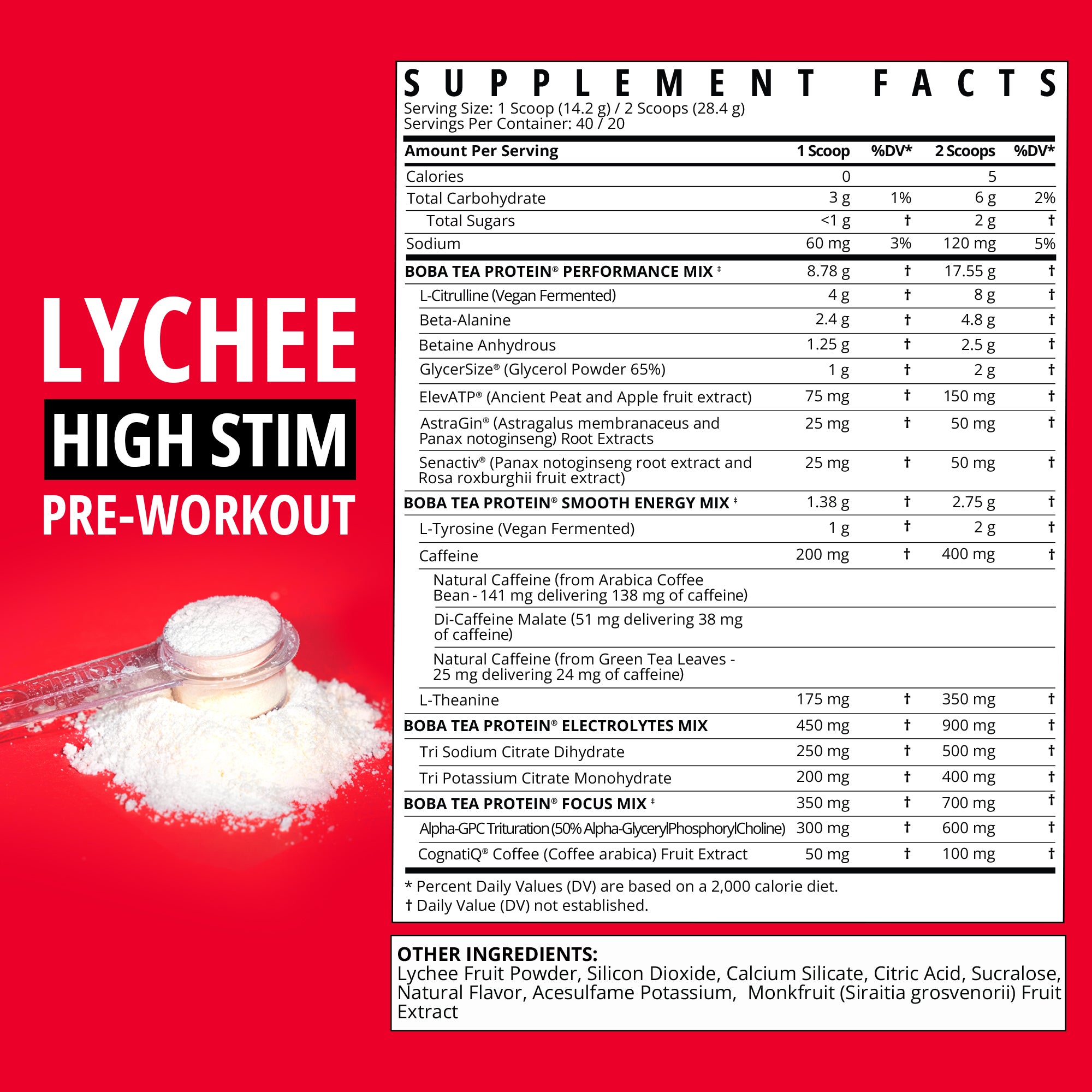 Supplement facts label for Lychee High Stim Pre-Workout with red background