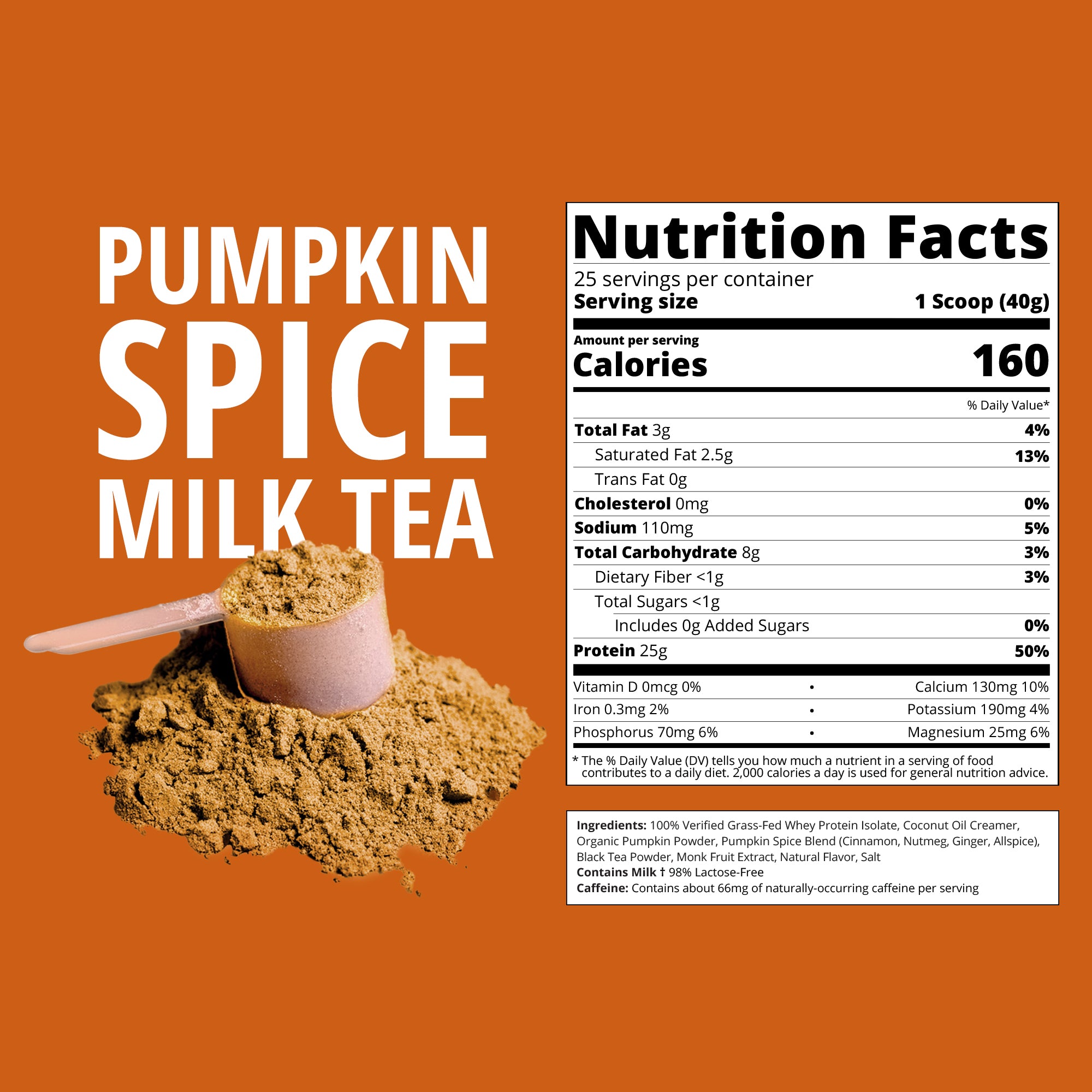 Pumpkin Spice Milk Tea powder with nutrition facts on an orange background