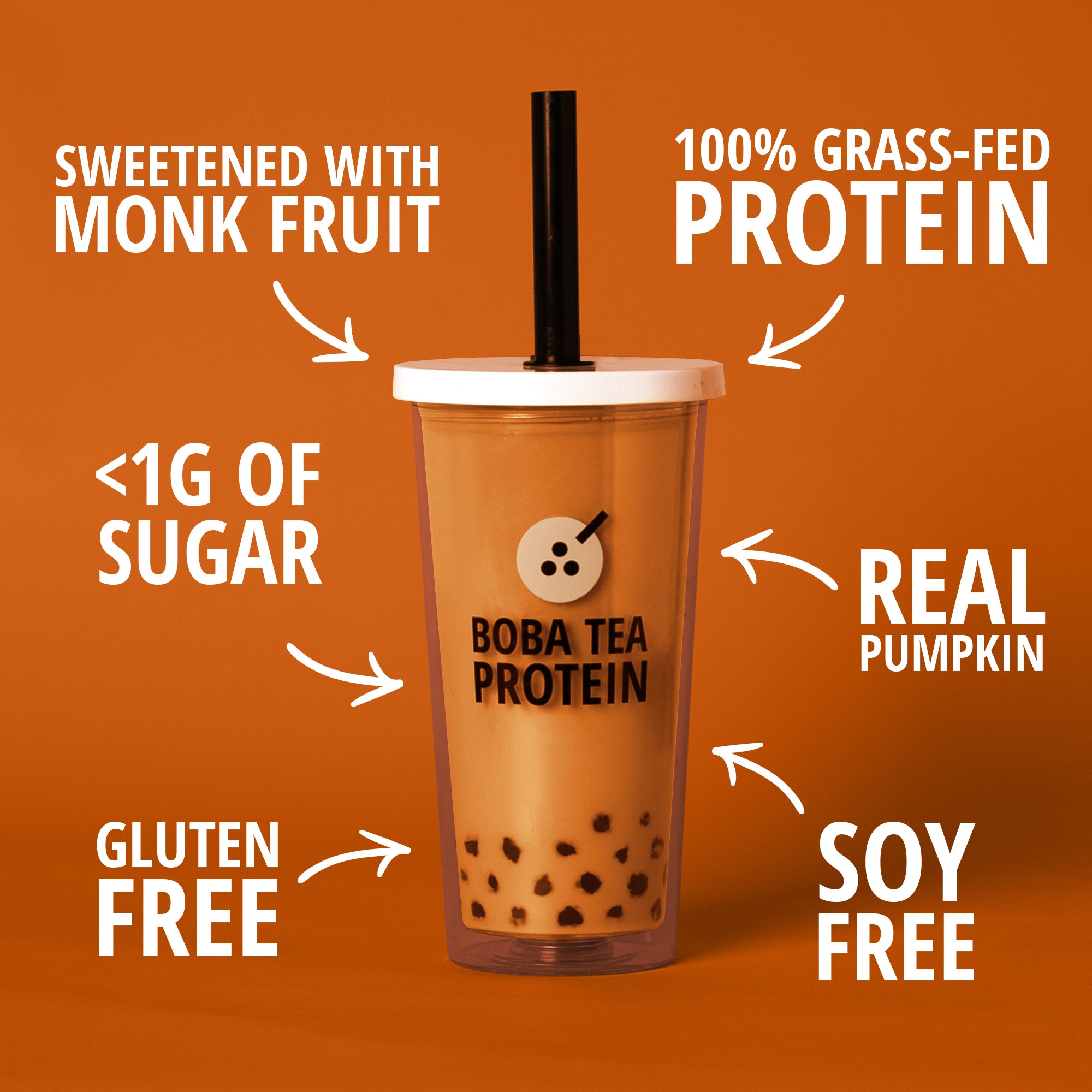 Boba tea protein drink with ingredient informational text on an orange background