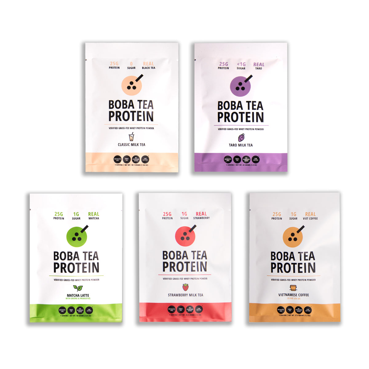 Five stand-up pouches of Boba Tea Protein powder arranged on a white background, each in a different flavor: classic milk tea, taro milk tea, matcha latte, strawberry milk tea, and vietnamese coffee.