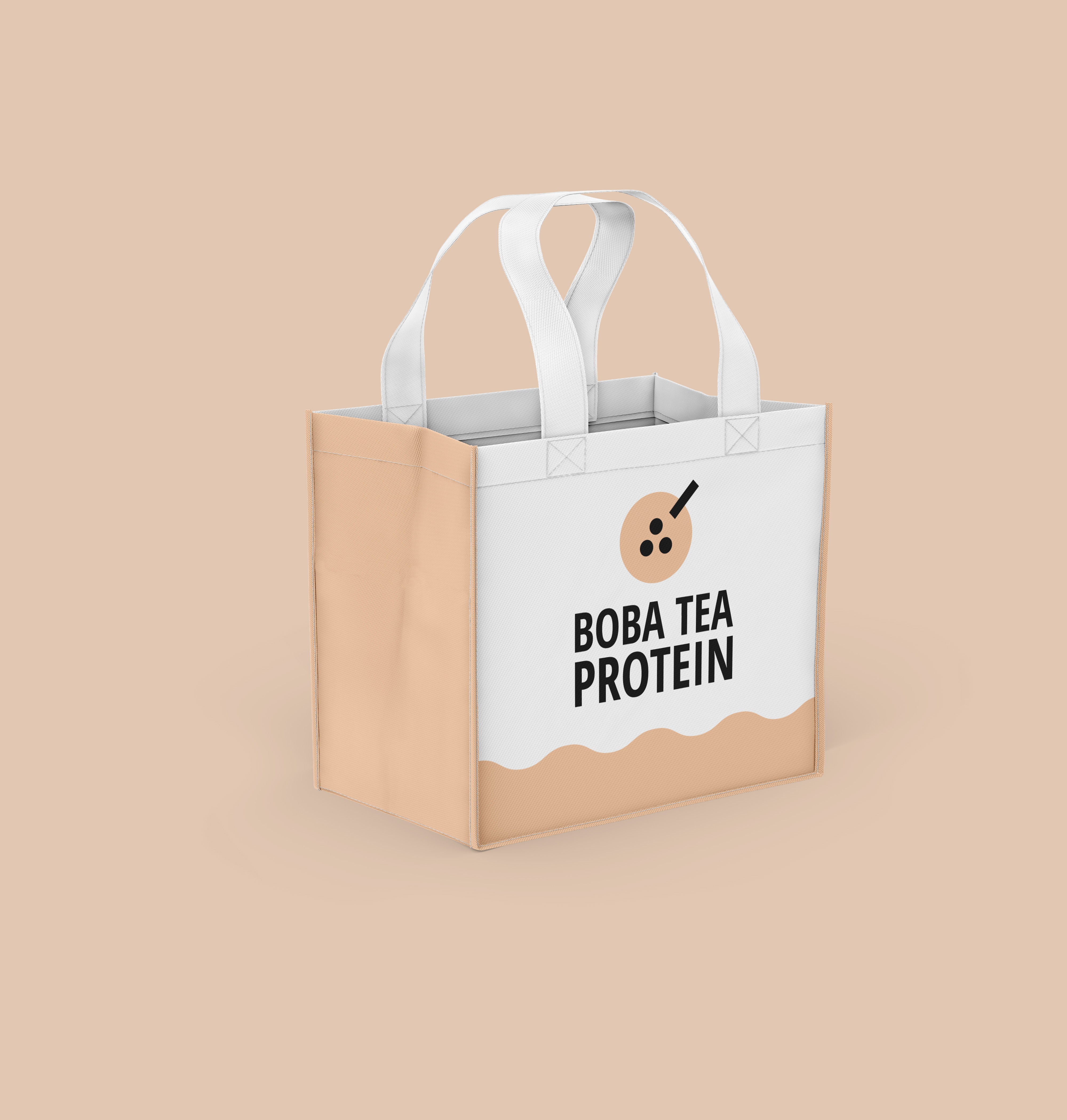 Tote bag with 'Boba Tea Protein' text and logo on a beige background