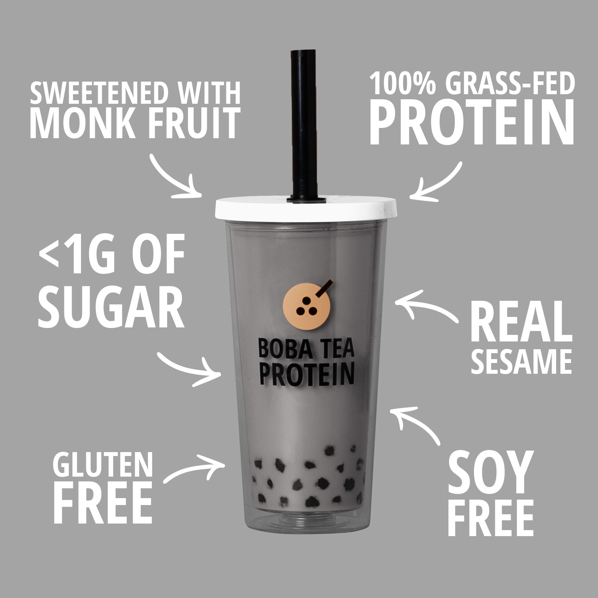Gray tumbler with black straw labeled 'Boba Tea Protein' on a gray background with health benefits text.