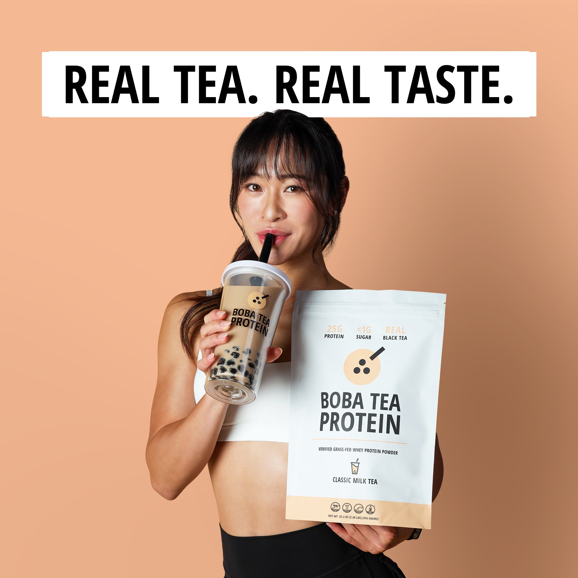 Person holding a Boba Tea Protein package and a bubble tea against a beige background with 'Real Tea. Real Taste.' text.