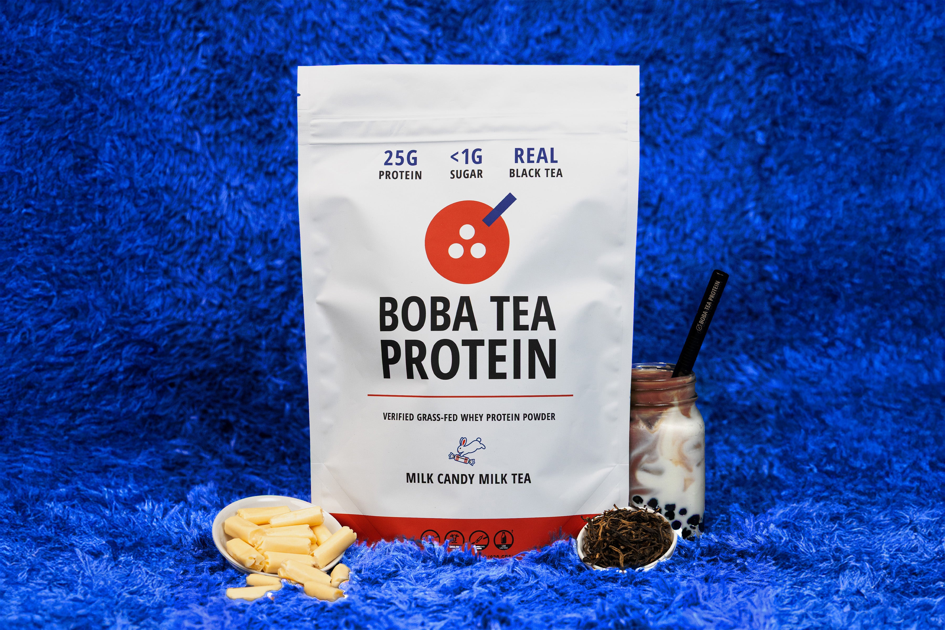 Boba Tea Protein package with a blue background