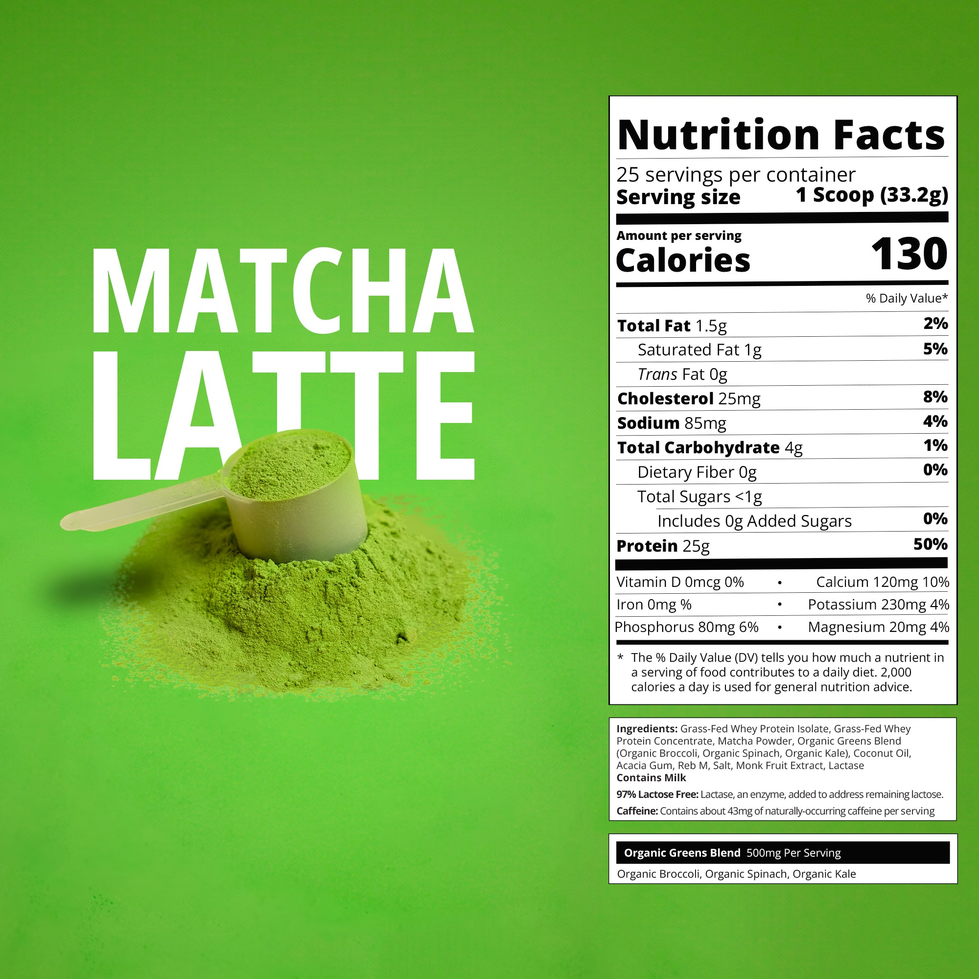 Matcha latte powder with a scoop and nutrition facts label on a green background