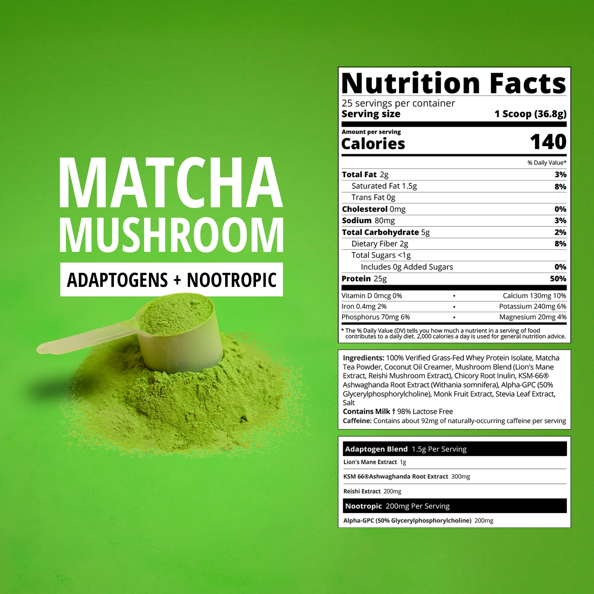 Matcha Mushroom Latte protein powder with nutrition label on a green background