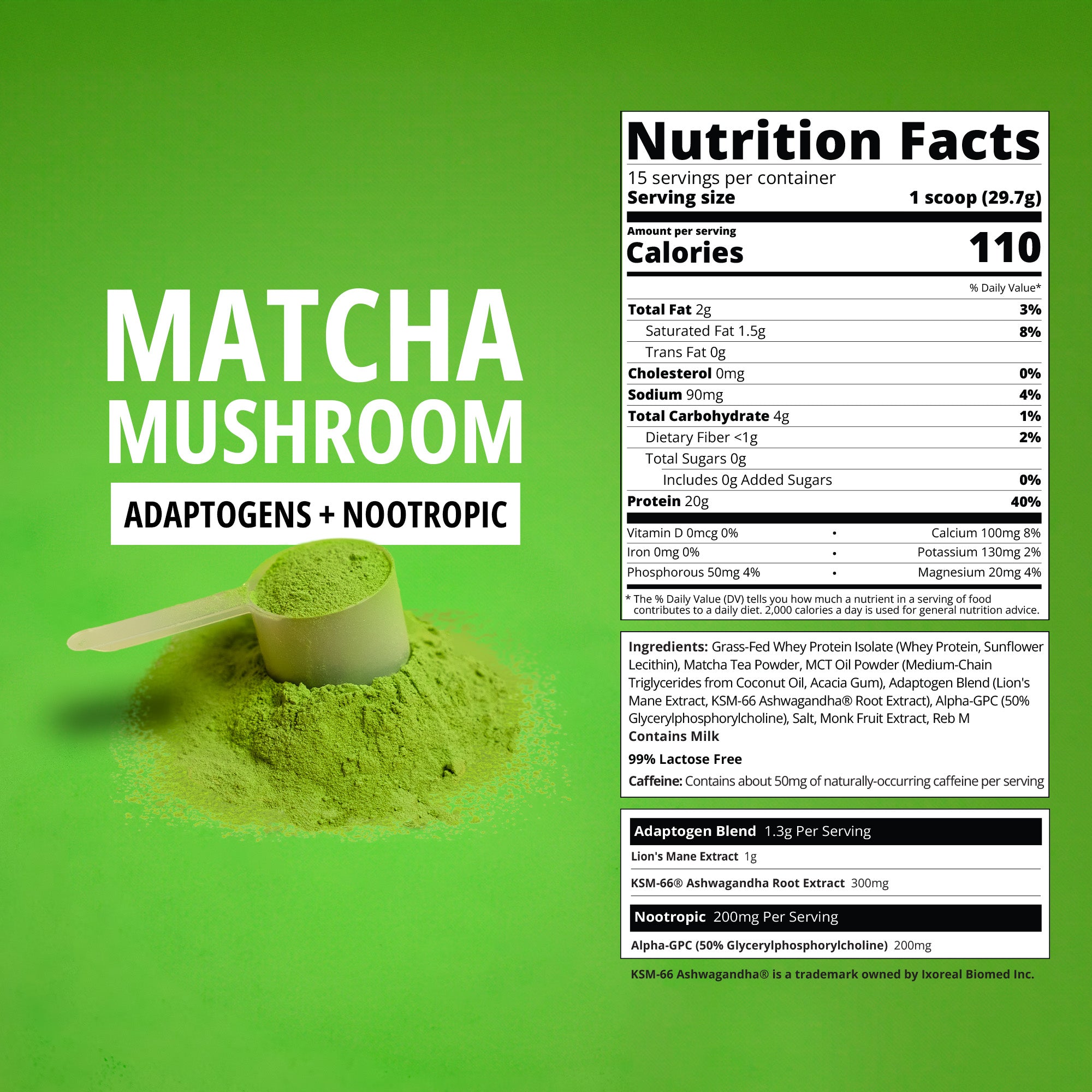 Matcha Mushroom Latte protein powder with nutrition label on a green background