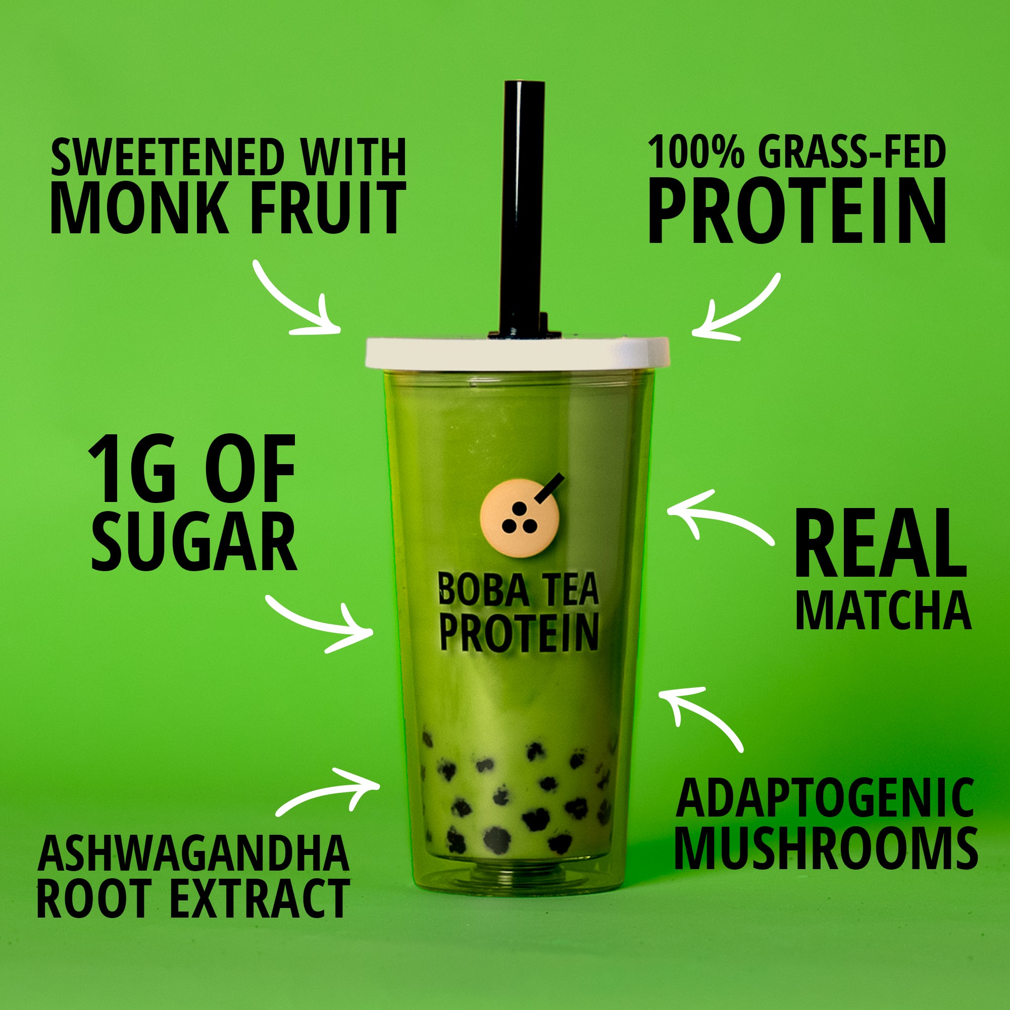 Green protein drink with text highlighting ingredients on a green background