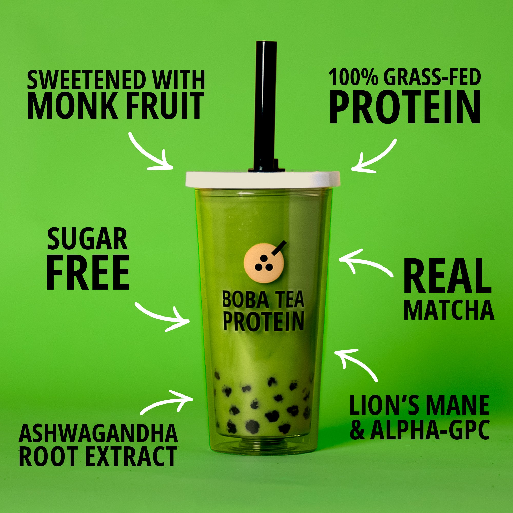 Green protein drink with text highlighting ingredients on a green background