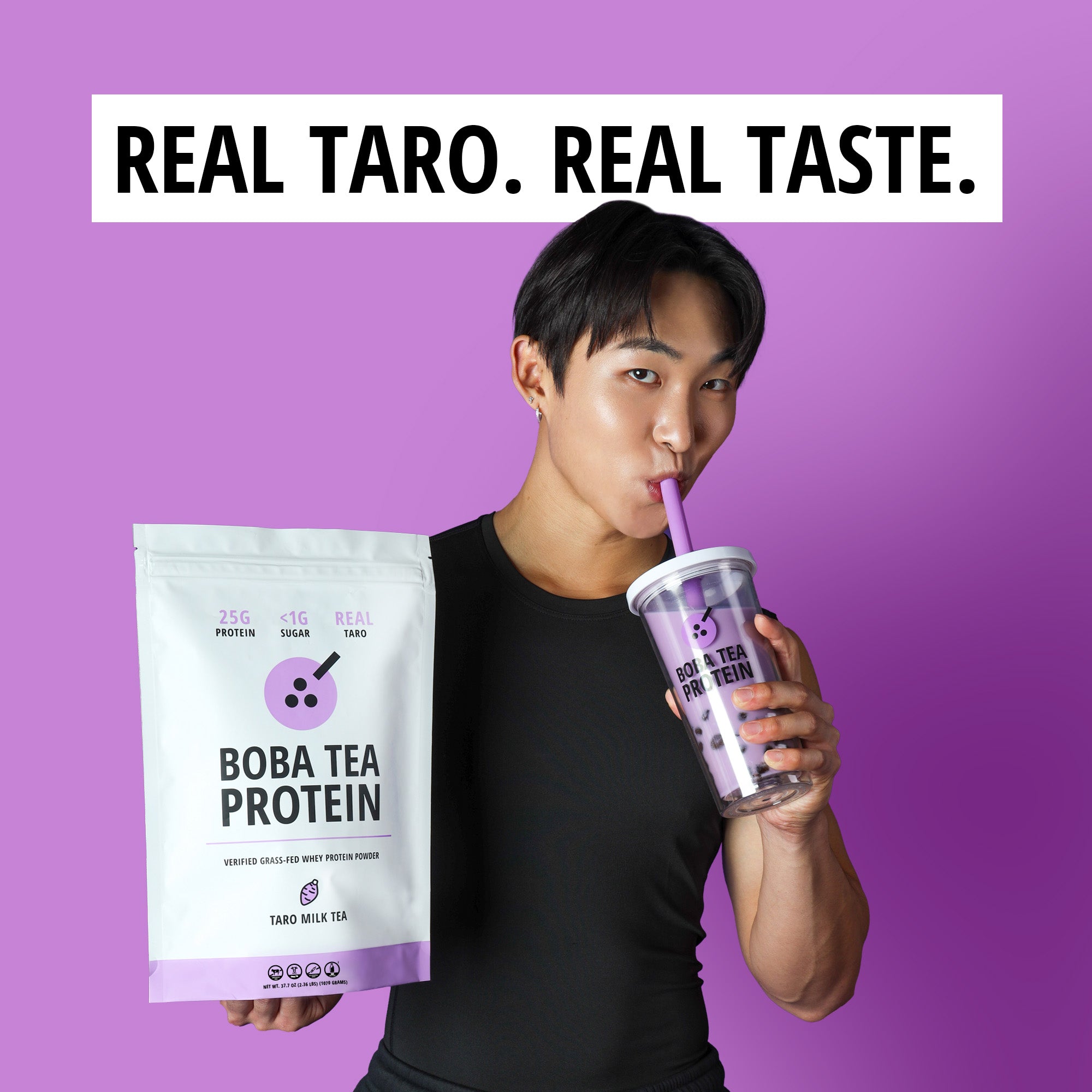 Person holding Boba Tea Protein packaging and a cup against a purple background with text 'Real Taro. Real Taste.'