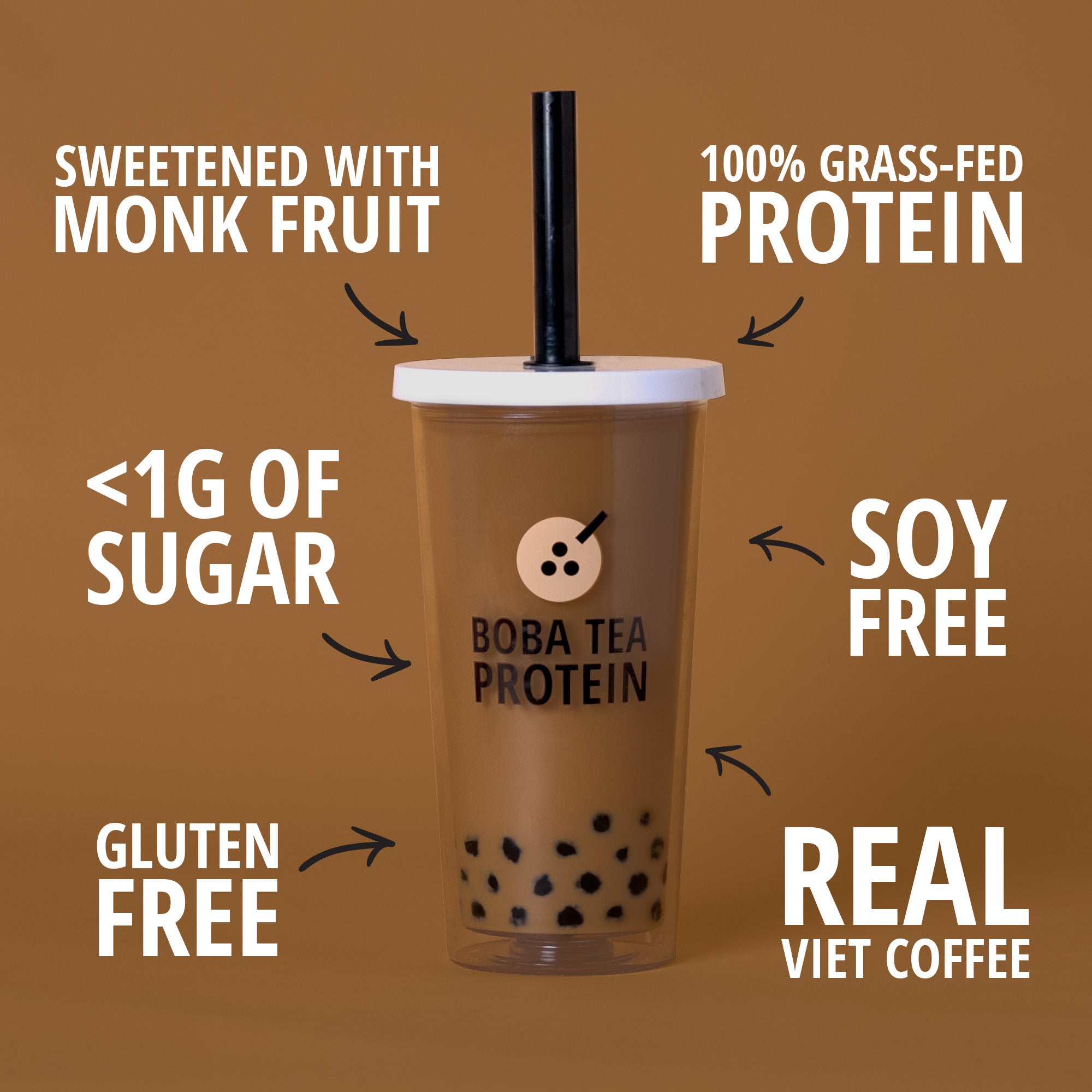Boba tea protein drink with health benefits text on a brown background