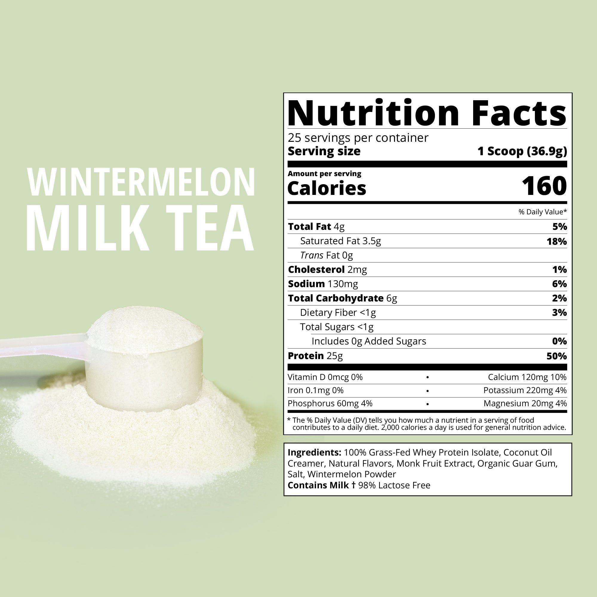 Nutrition facts label for wintermelon milk tea powder on a light green background