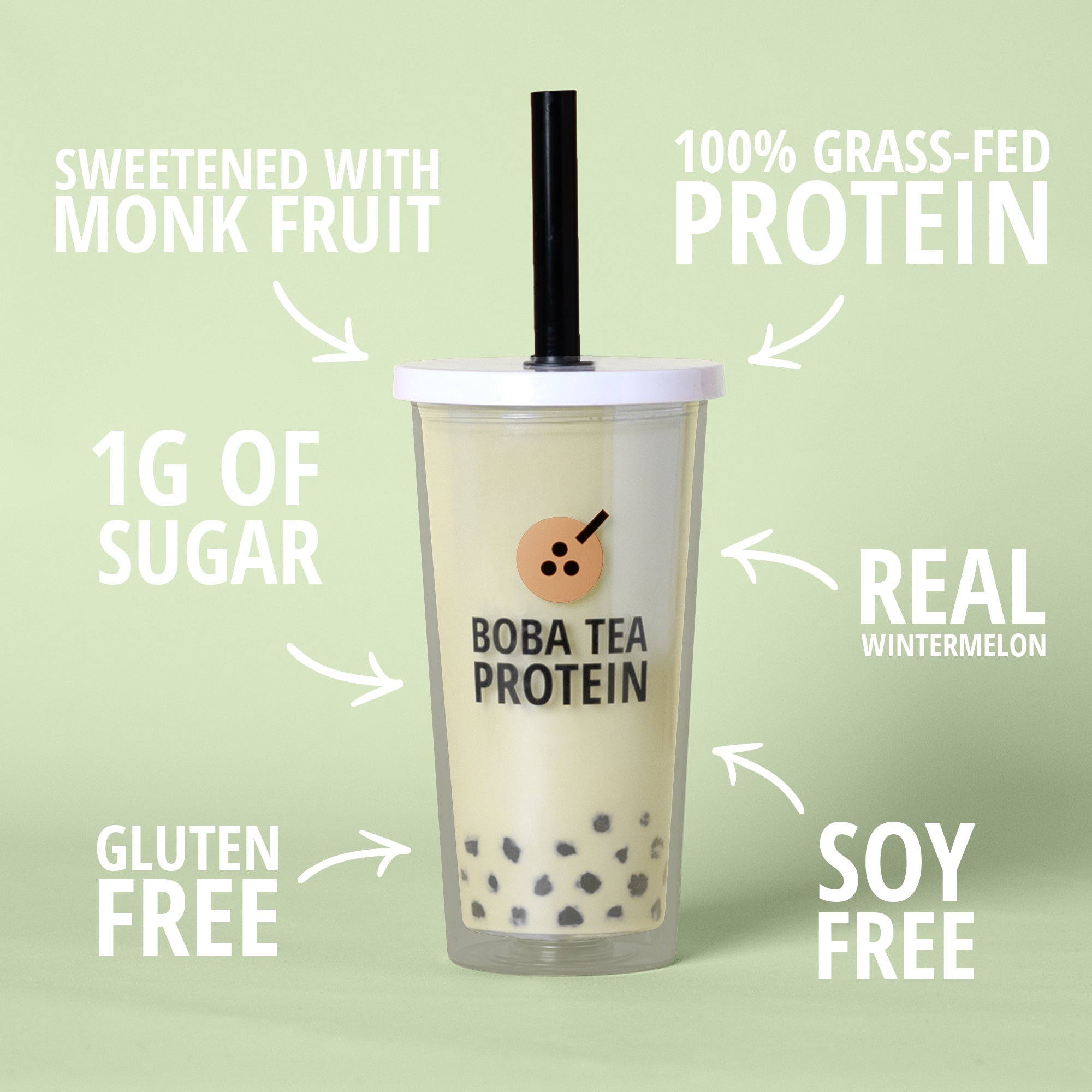 Boba tea protein drink with health benefits text on a light green background