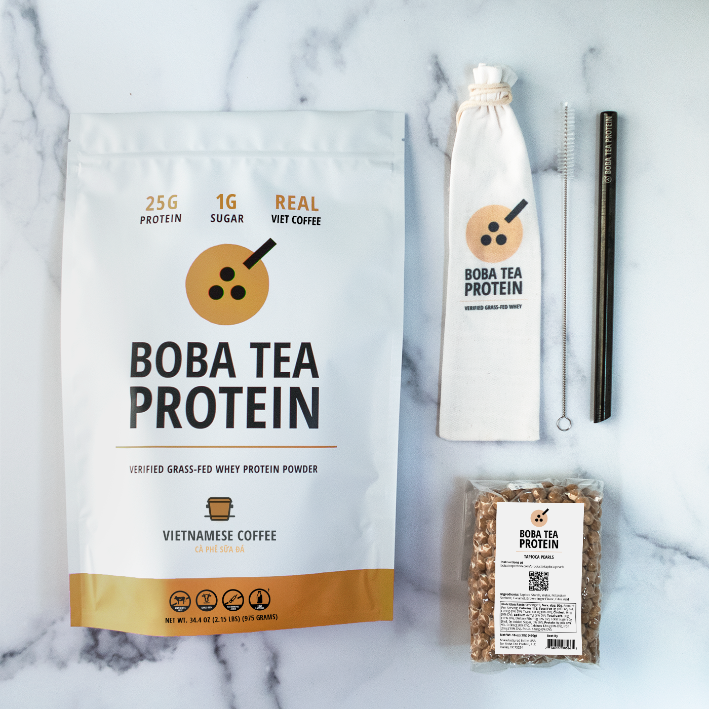 Boba Tea Protein whey protein, metal straw, and tapioca pearls on a marble background