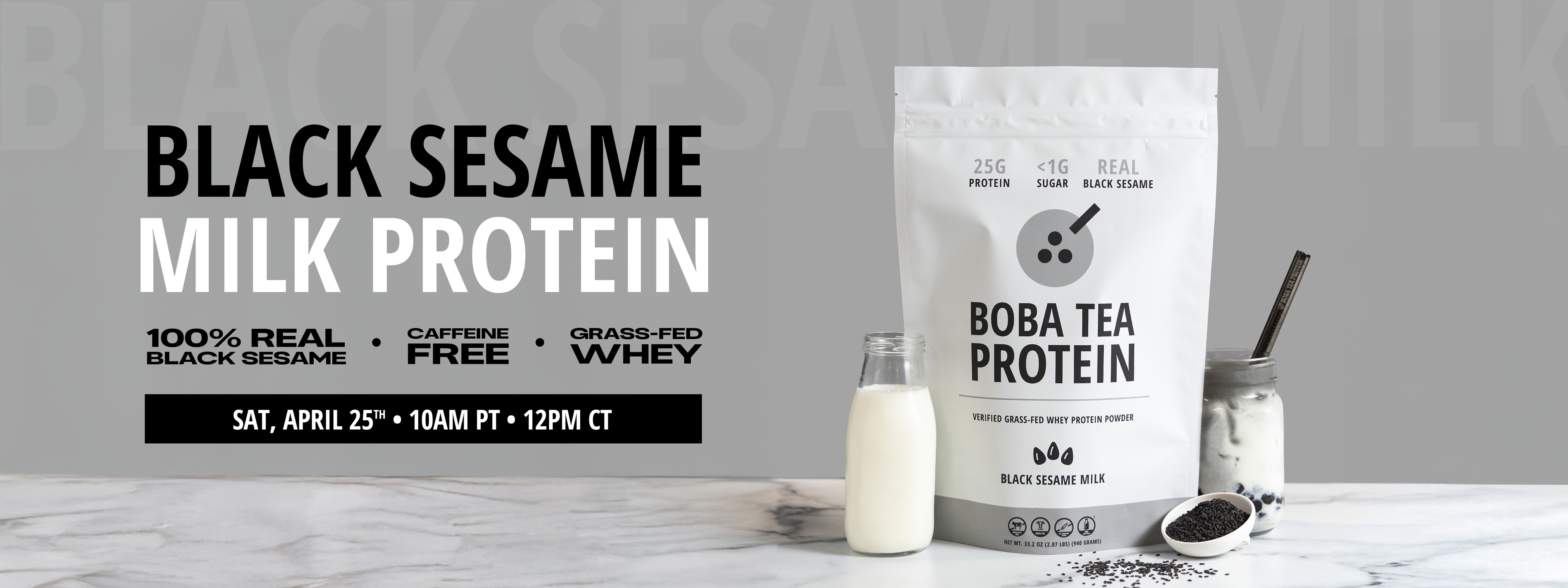 Bag of black sesame milk whey protein with a jar and spoon on a gray background