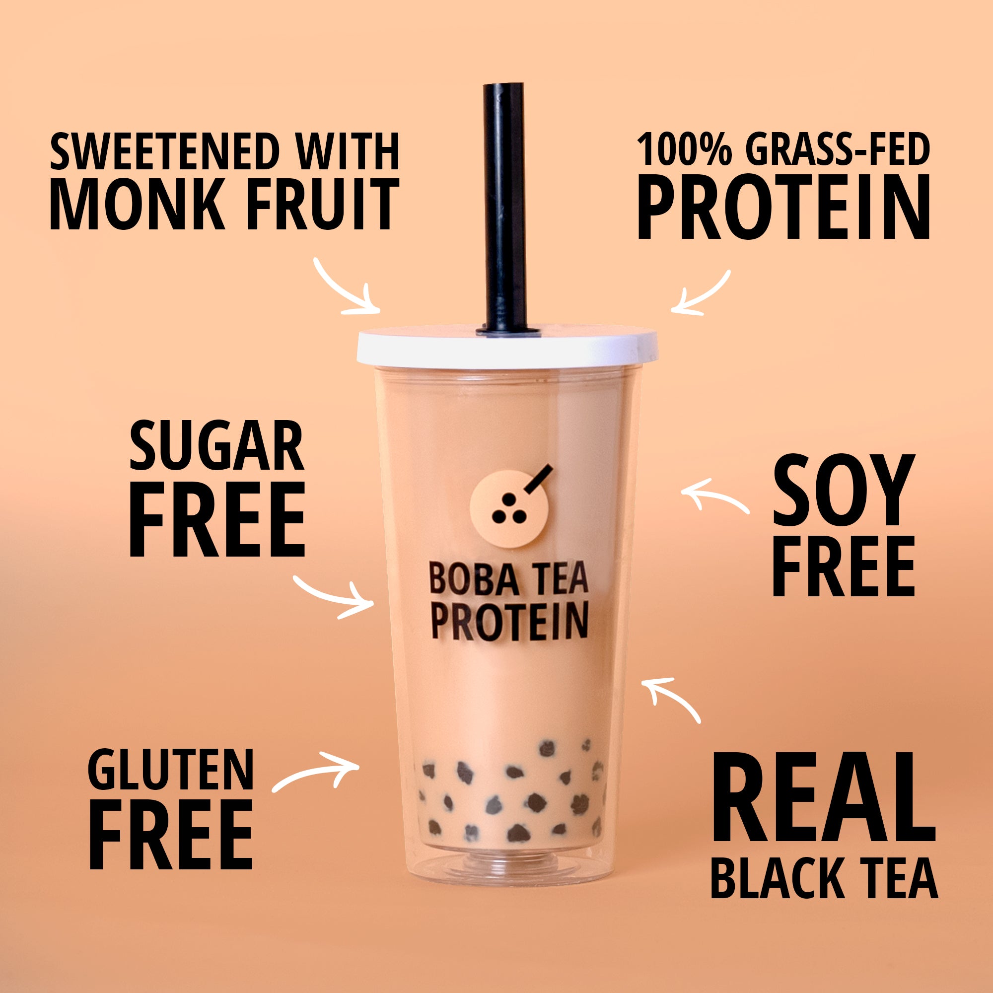 Boba tea protein drink with health benefits listed on a peach background