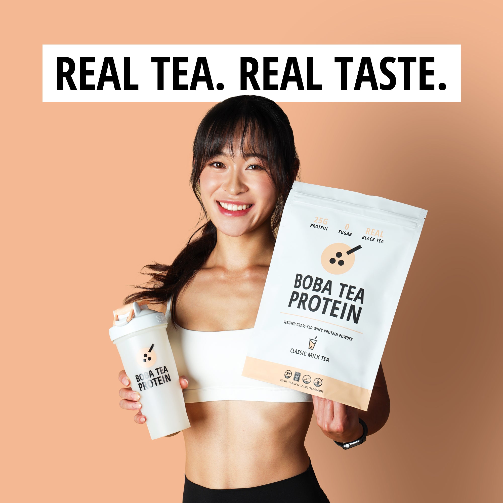 Woman holding Boba Tea Protein packaging and a protein shake with a beige background and text 'Real Tea. Real Taste.'