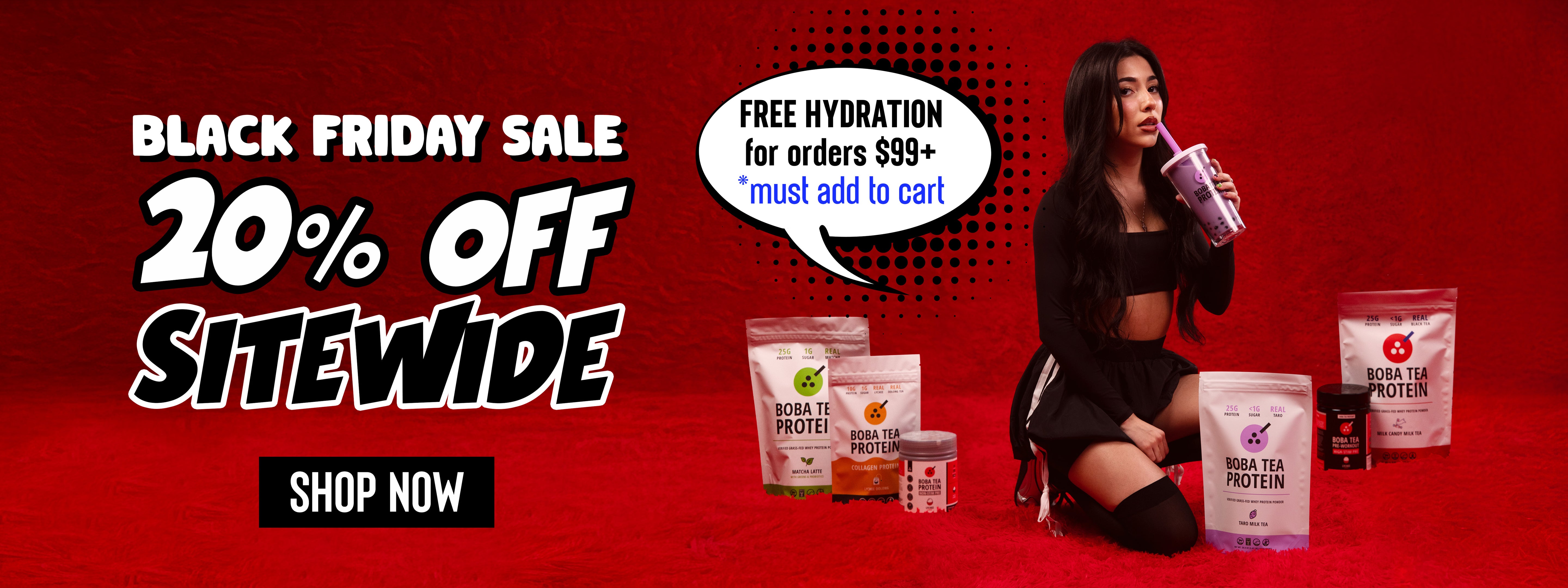 Promotional banner for a Black Friday sale with a woman drinking from a protein shake and product packaging on a red background.