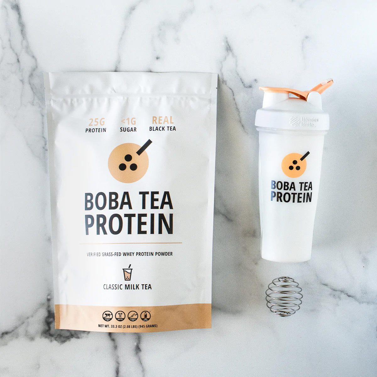Boba Tea Protein whey protein and shaker bottle on a marble background