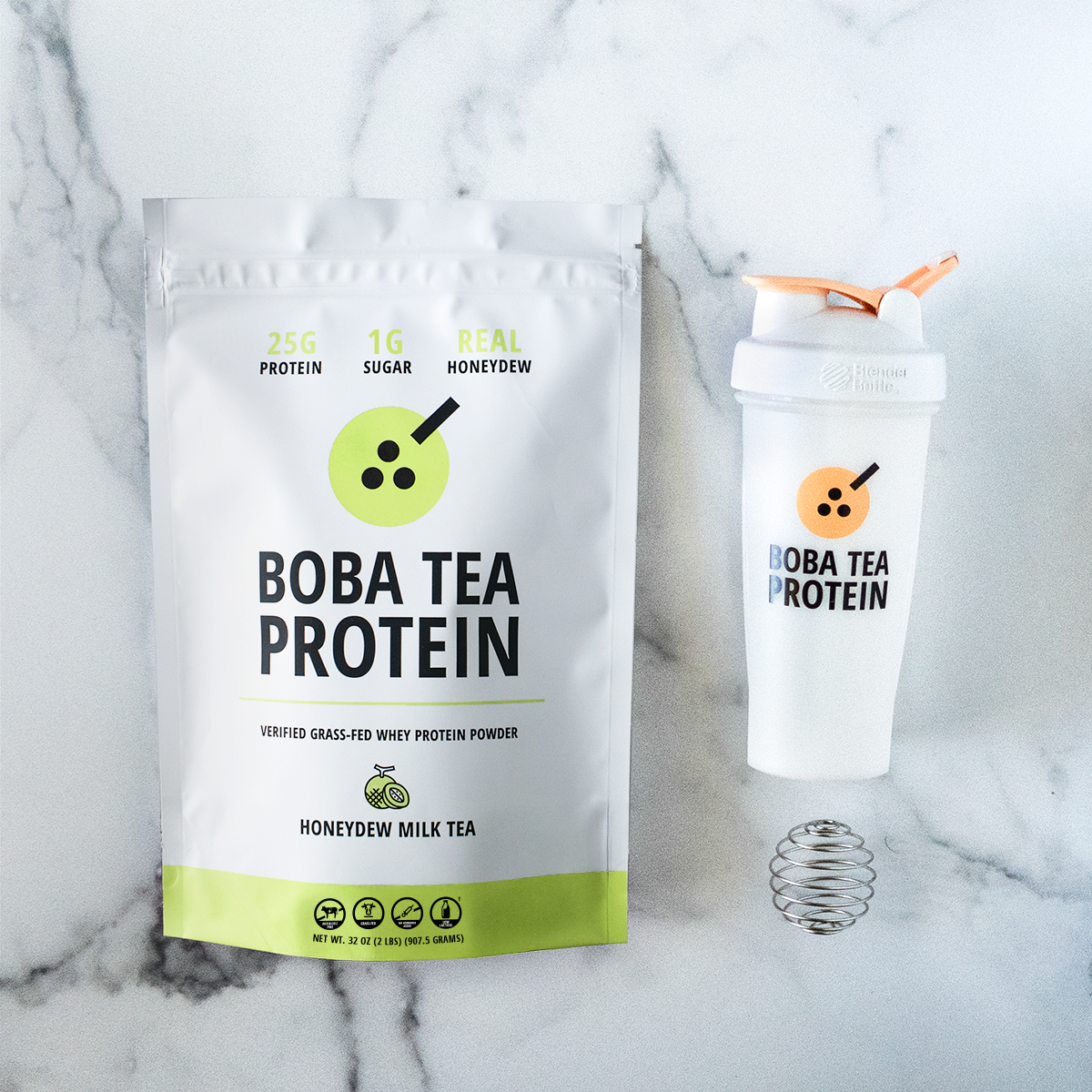Boba Tea Protein whey protein and shaker bottle on a marble background
