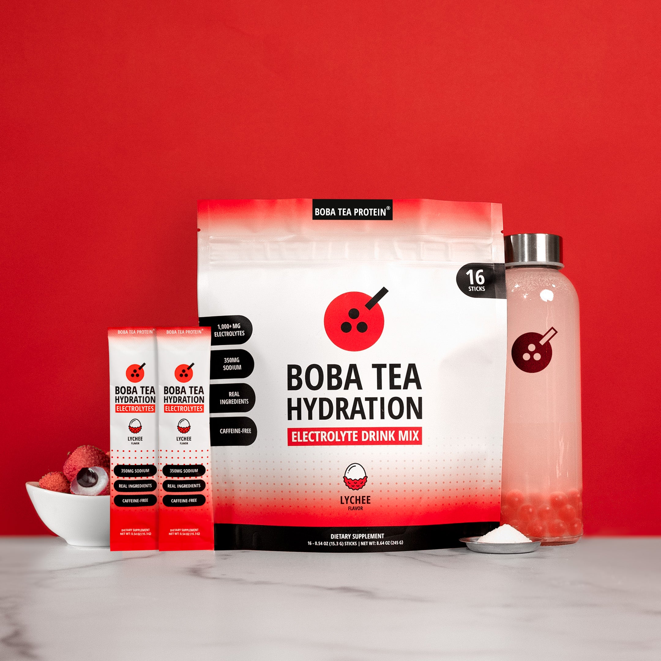 Boba Tea Hydration package with a water bottle and snacks on a red background