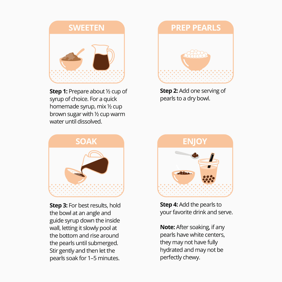 A four-step instructional graphic with rounded orange headers reading SWEETEN, PREP PEARLS, SOAK, and ENJOY, plus step-by-step text instructions on how to prepare a pearl drink.