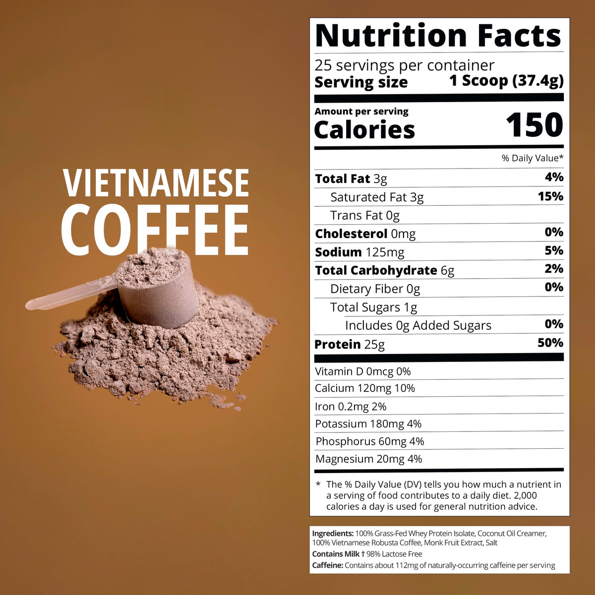 A product graphic for Vietnamese Coffee featuring a brown background, a scoop of coffee powder on the left, and a large Nutrition Facts label on the right detailing the nutritional content of one scoop.