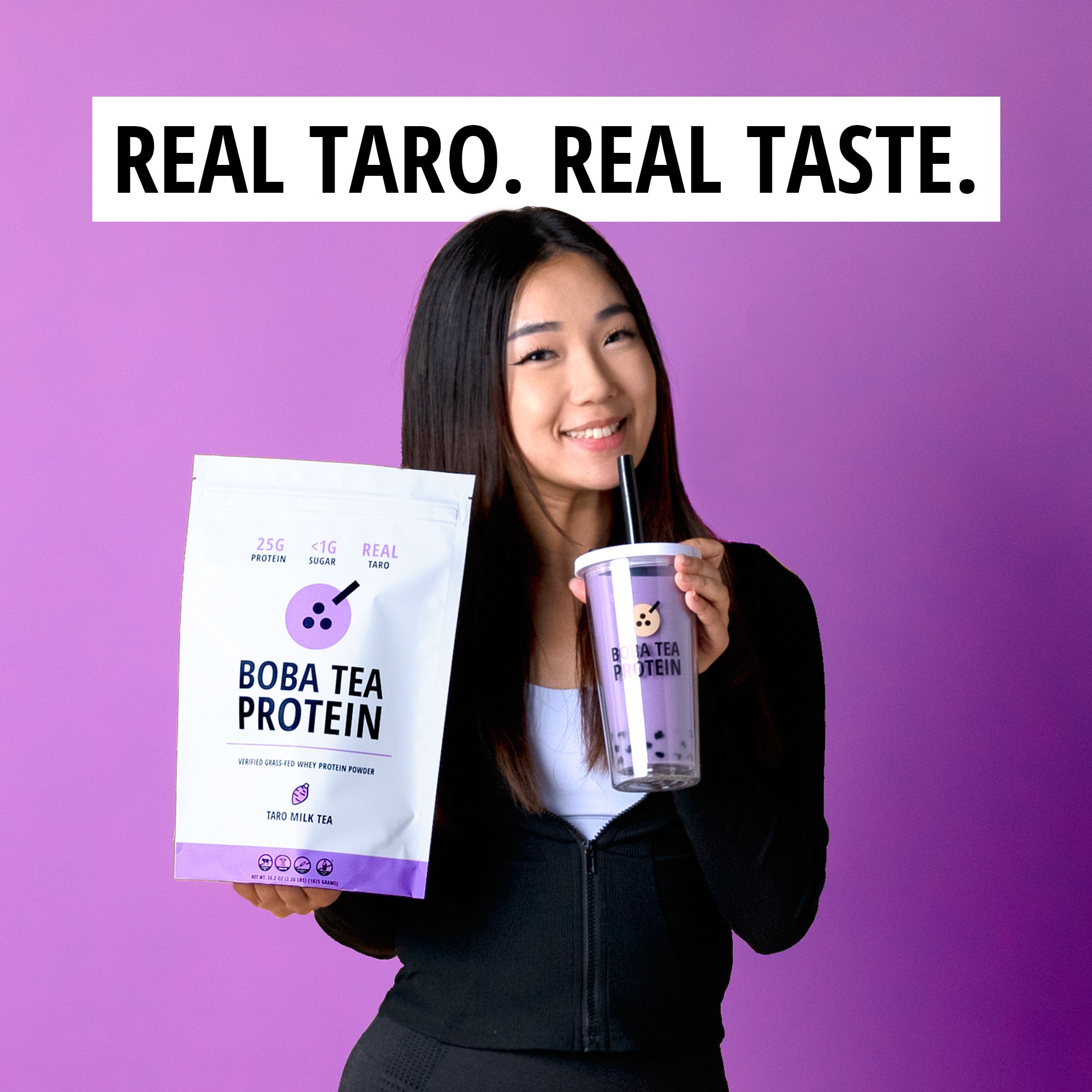 A smiling woman holds a bag of Taro Milk Tea Whey Protein from Boba Tea Protein and a matching taro milk tea drink with tapioca pearls in a branded cup. The background is purple, featuring the tagline "REAL TARO. REAL TASTE." at the top.