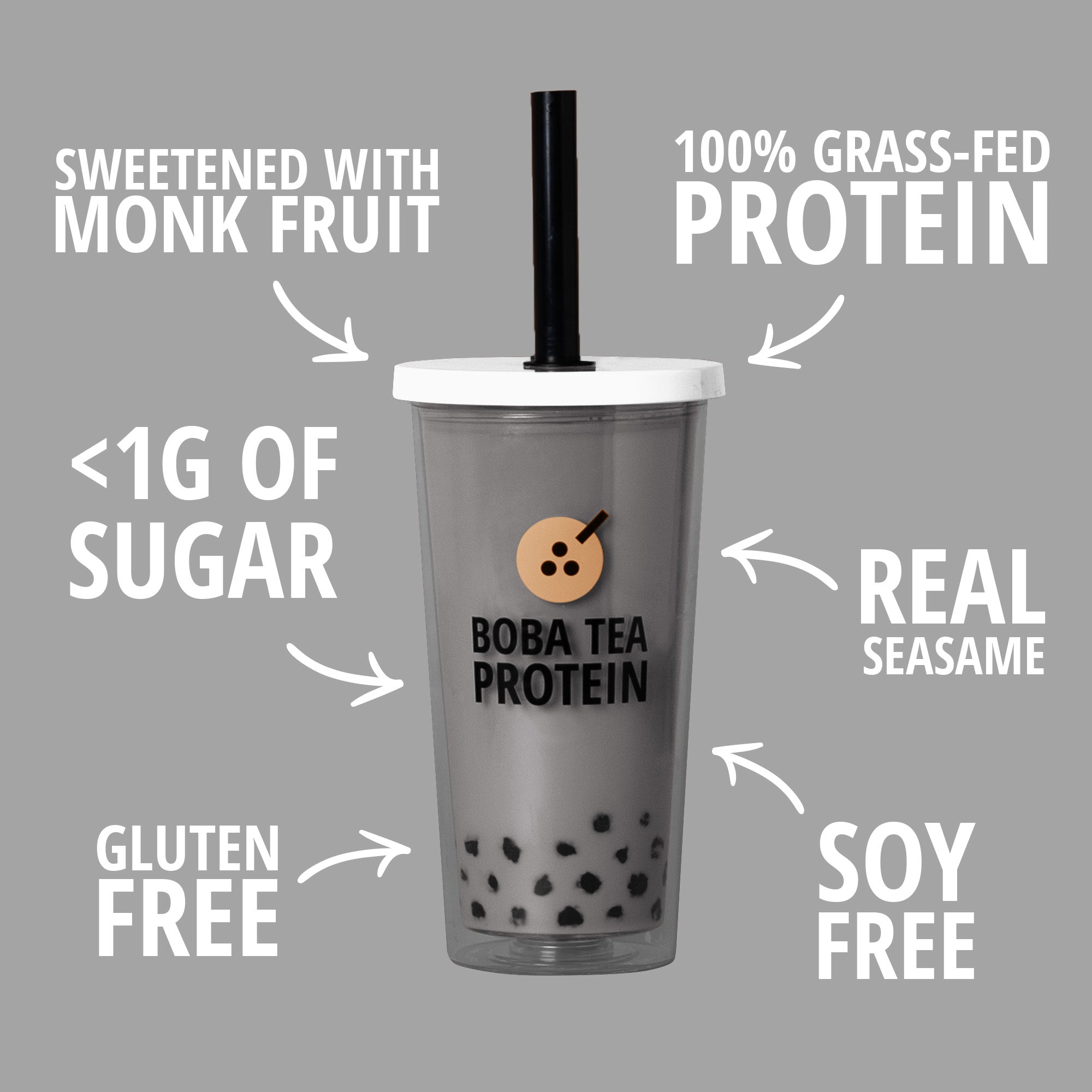Gray tumbler with black straw labeled 'Boba Tea Protein' on a gray background with health benefits text.