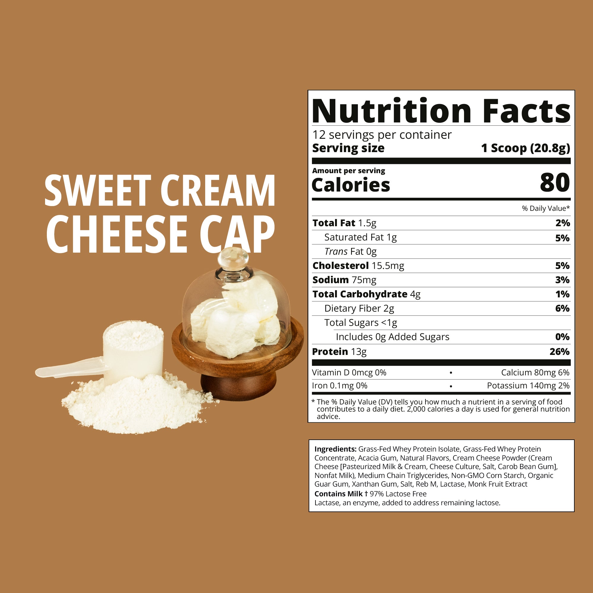 Nutrition facts label for a sweet cream cheese cap product on a brown background