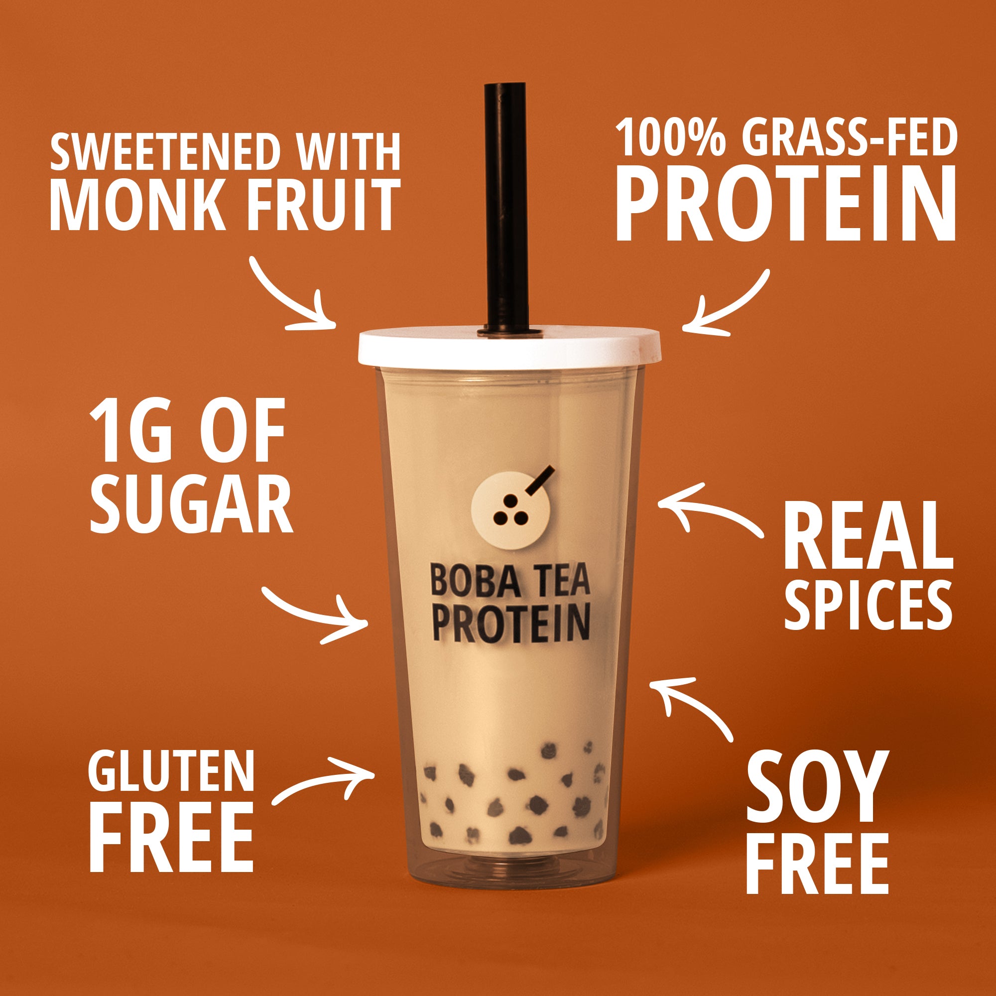 Boba tea protein drink with health benefits text on an orange background