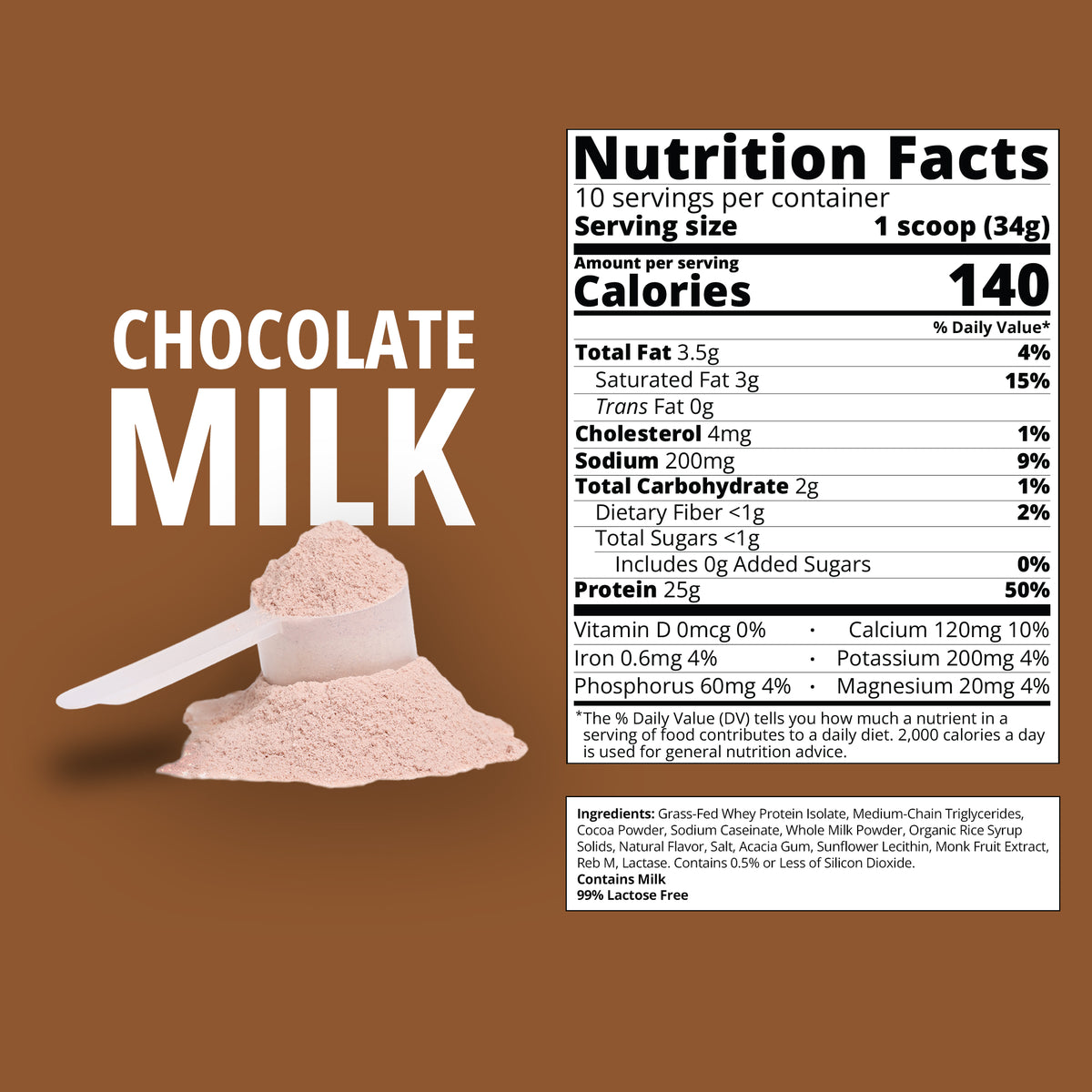 A nutrition facts panel for a chocolate milk powder product on a brown background, with a scoop of pale brown powder shown on the left and product text reading 'CHOCOLATE MILK.'.