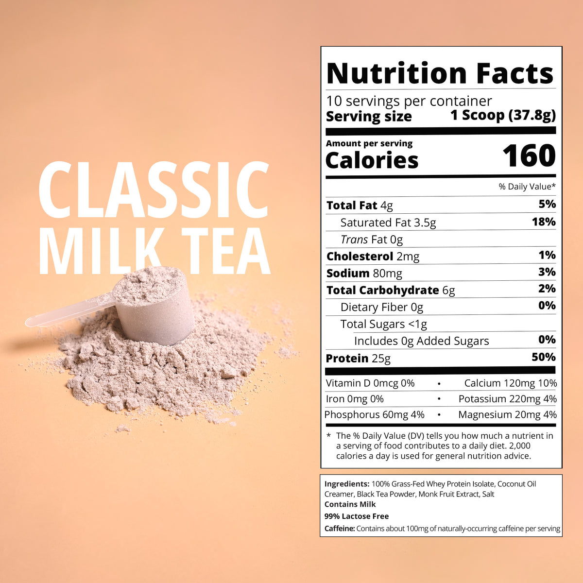 A product graphic for Classic Milk Tea featuring a nutrition facts label on the right and a scoop of loose powder on the left against a beige background.