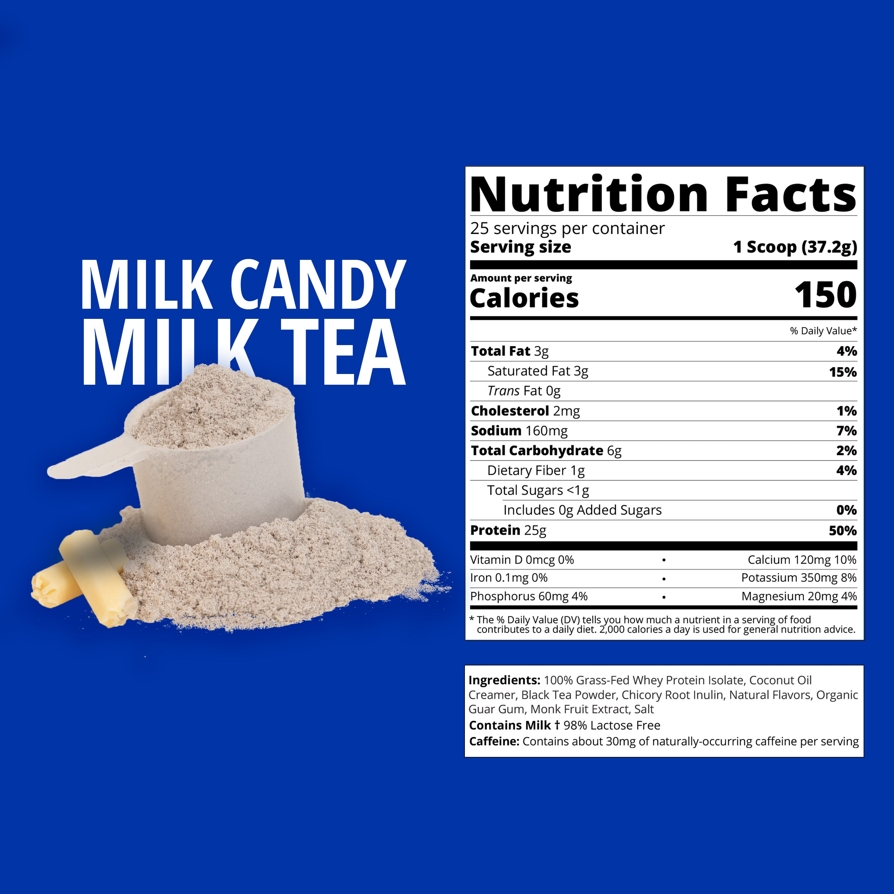 Nutrition facts label for 'Milk Candy Milk Tea' protein powder with a scoop of powder on a blue background.