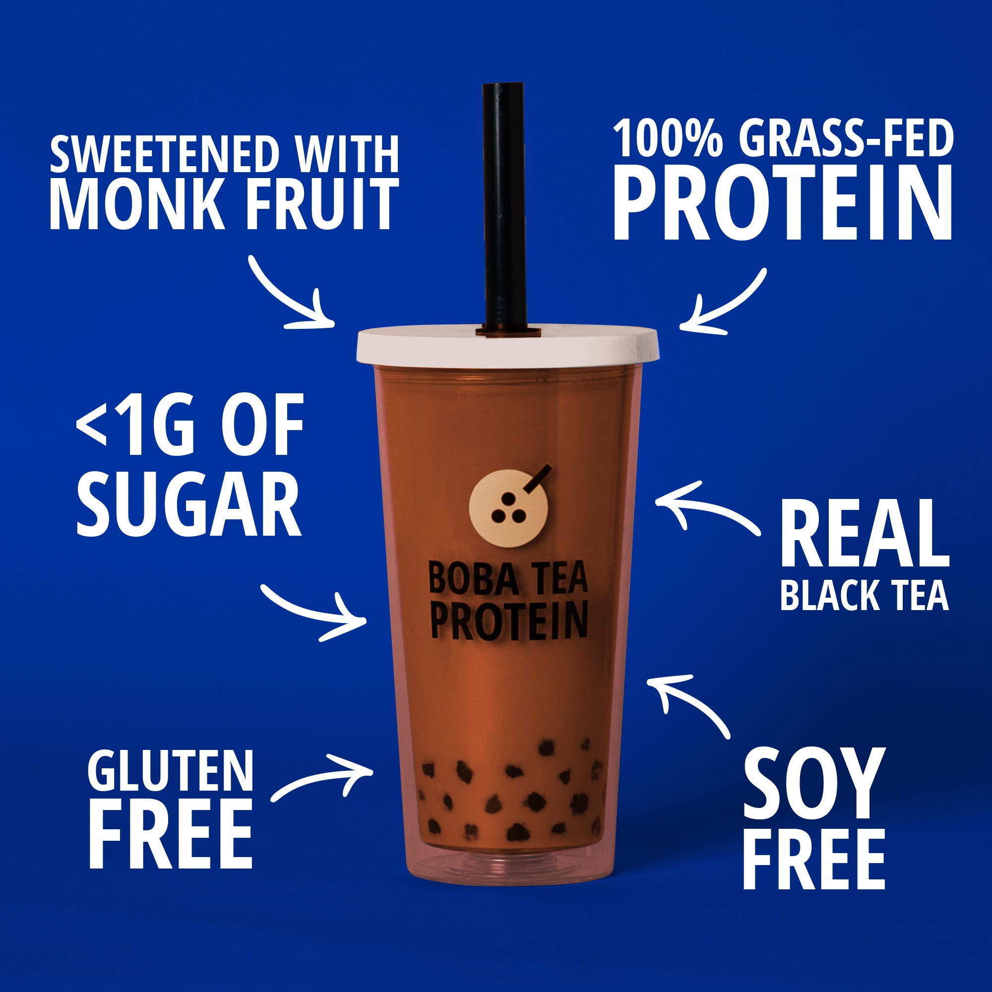 Boba tea protein drink with health benefits text on a blue background